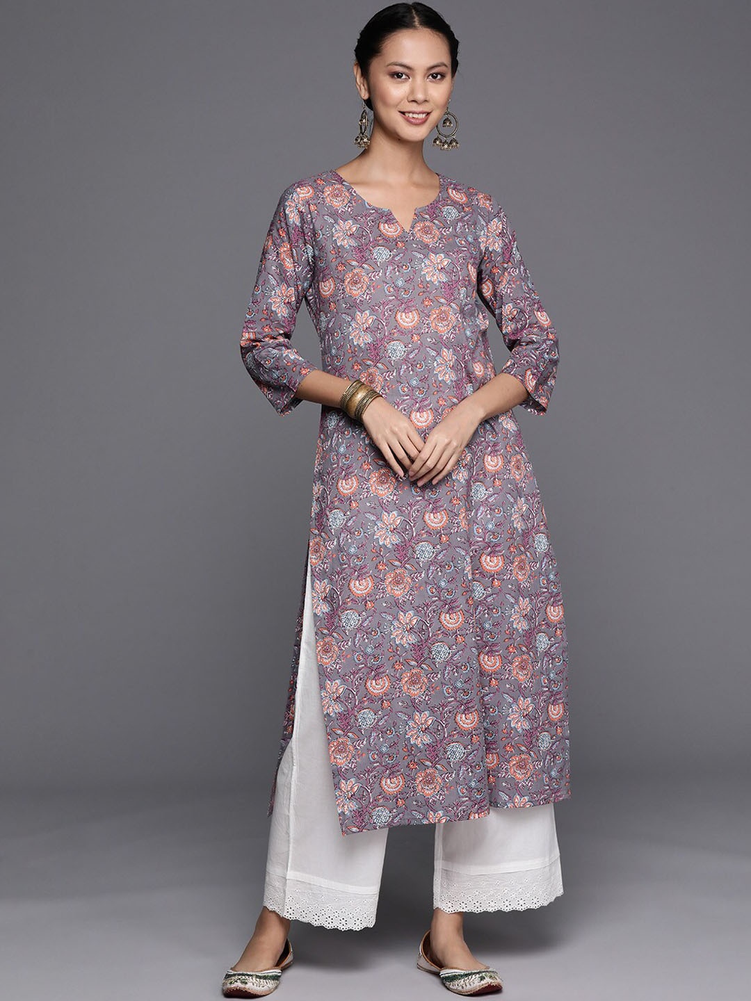 

KALINI Floral Printed Pure Cotton Straight Kurta, Grey