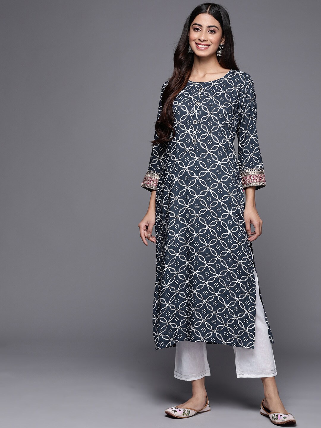 

KALINI Bandhani Printed Zari Detail Straight Kurta, Navy blue