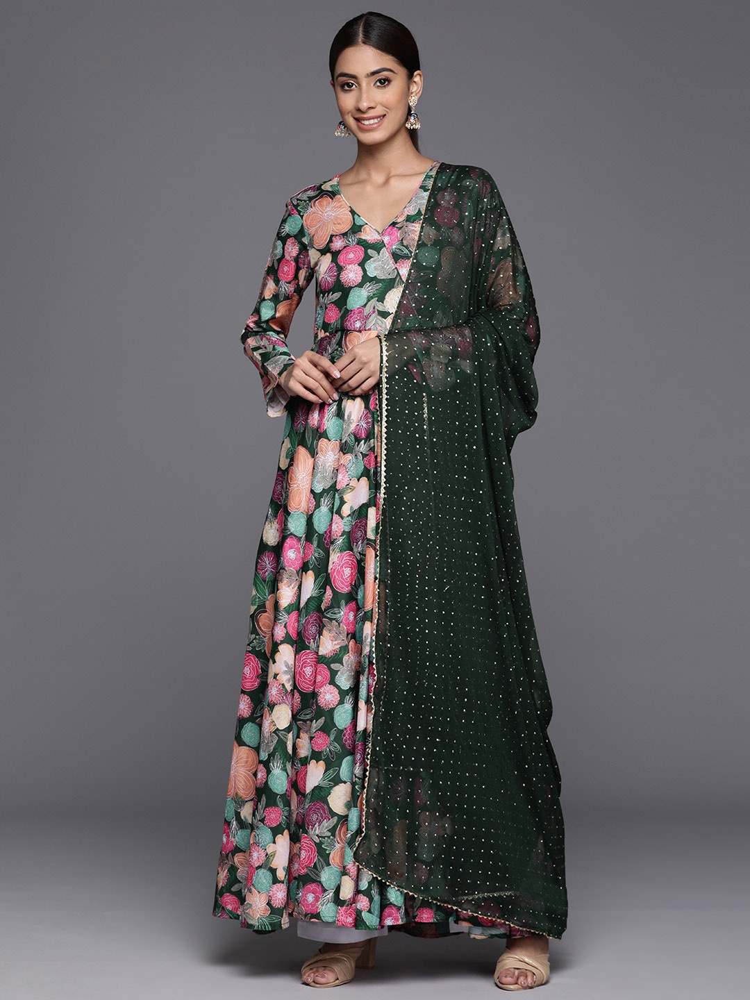 

KALINI Floral Printed V-Neck Long Sleeves Cotton Anarkali Kurta With Dupatta, Green