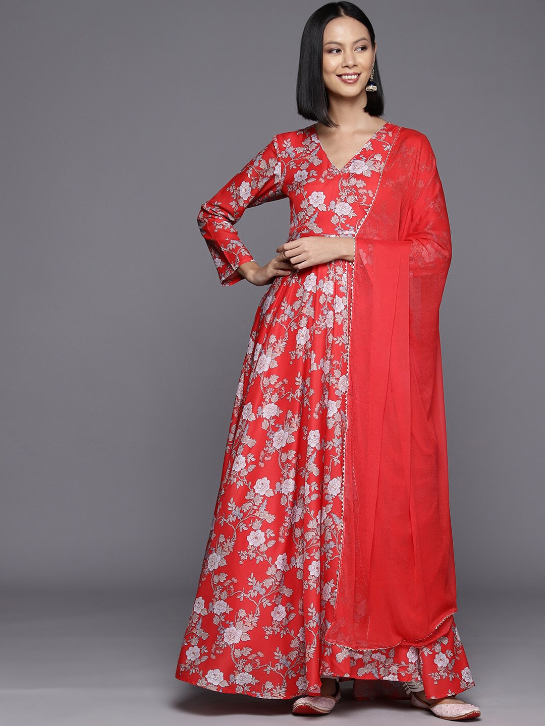

KALINI Floral Printed V-Neck Cotton Anarkali Kurta With Dupatta, Red