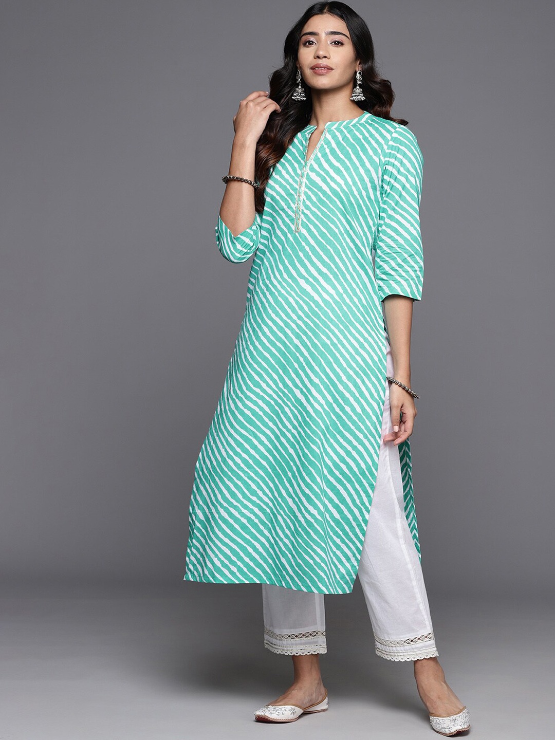 

KALINI Leheriya Printed Mandarin Collar Cotton Straight Kurta, Turquoise blue