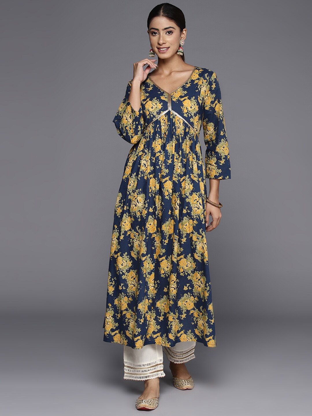 

KALINI Floral Printed V-Neck Gotta Patti Cotton A-Line Kurta, Navy blue