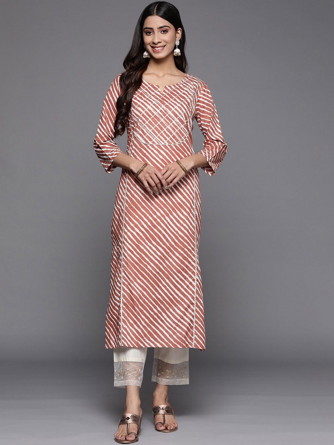 

KALINI Leheriya Printed Round Neck Gotta Patti Cotton Straight Kurta, Rust