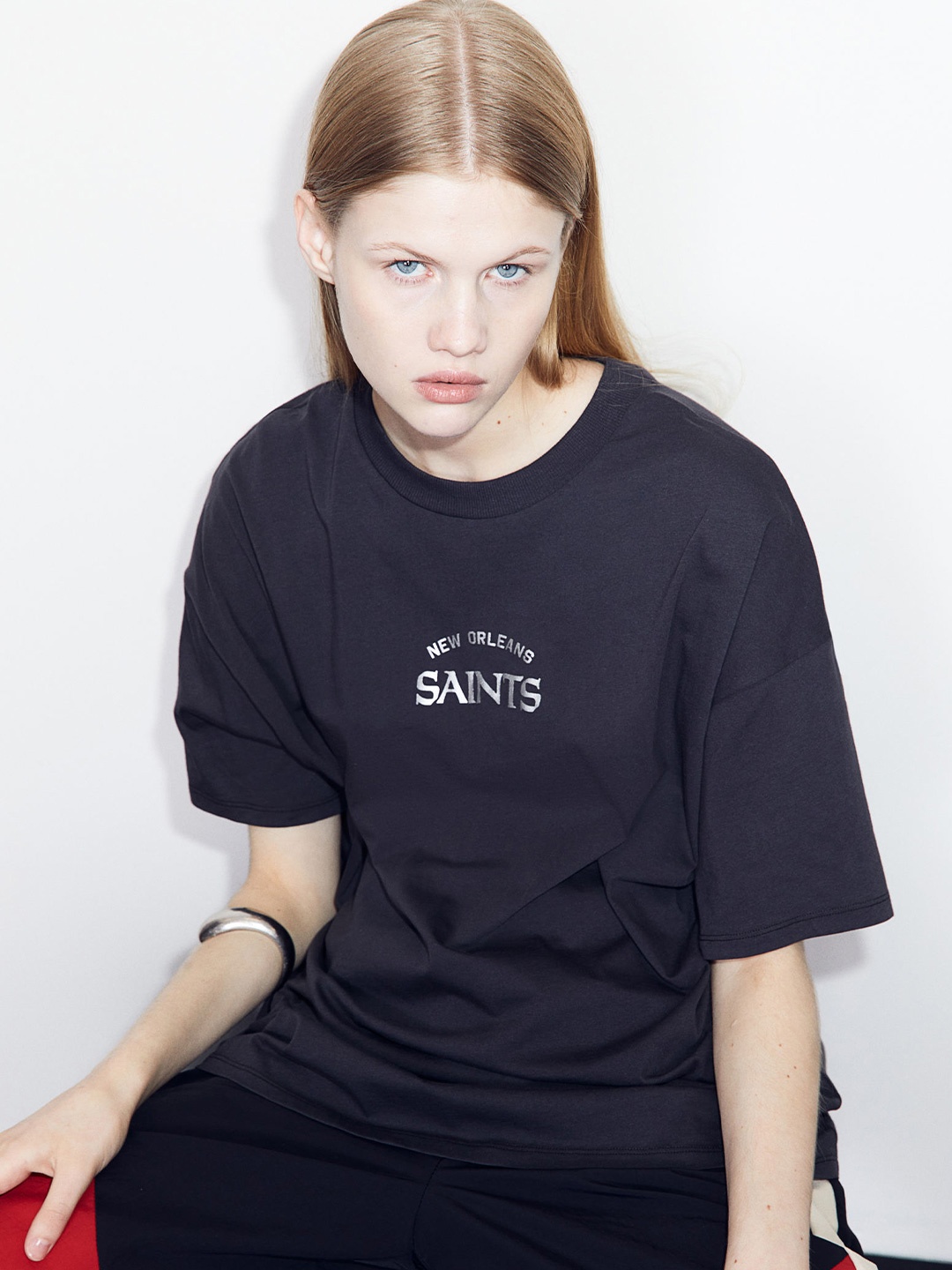

H&M Pure Cotton Oversized Printed T-shirt, Black