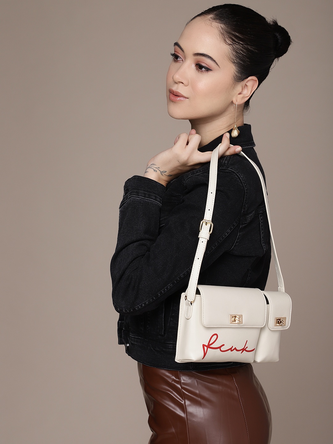

FCUK Brand Logo Printed Shoulder Bag, Off white