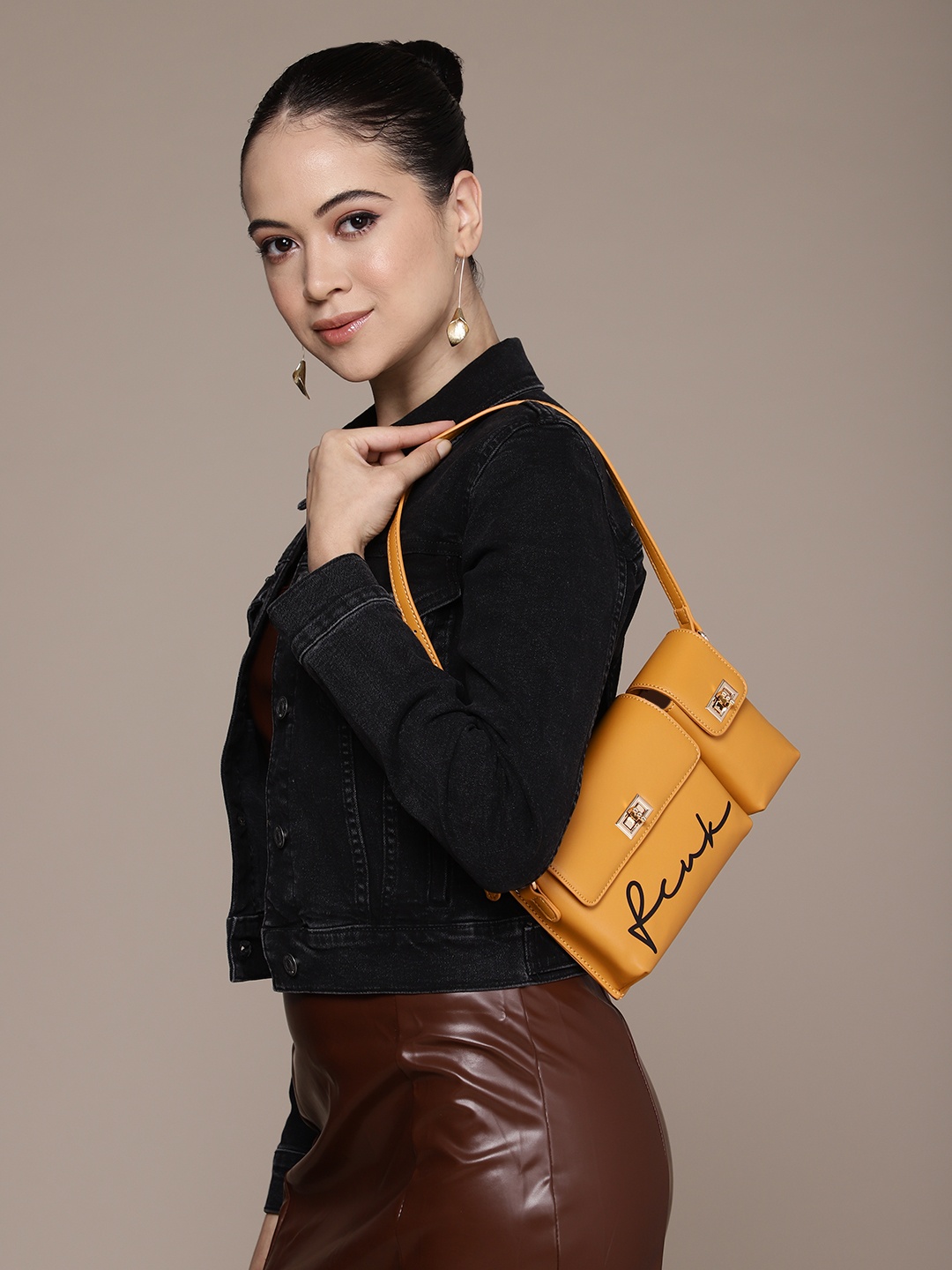 

FCUK Brand Logo Print Baguette Shoulder Bag with Attached Mobile Pouch, Mustard