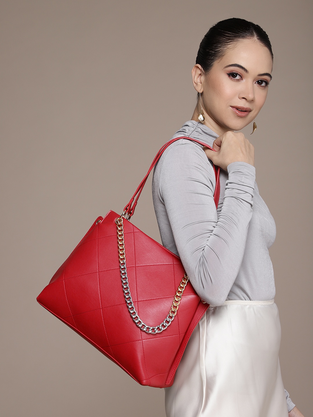 

FCUK Geometric Self-Design Shoulder Bag with Chainlink Handle, Maroon