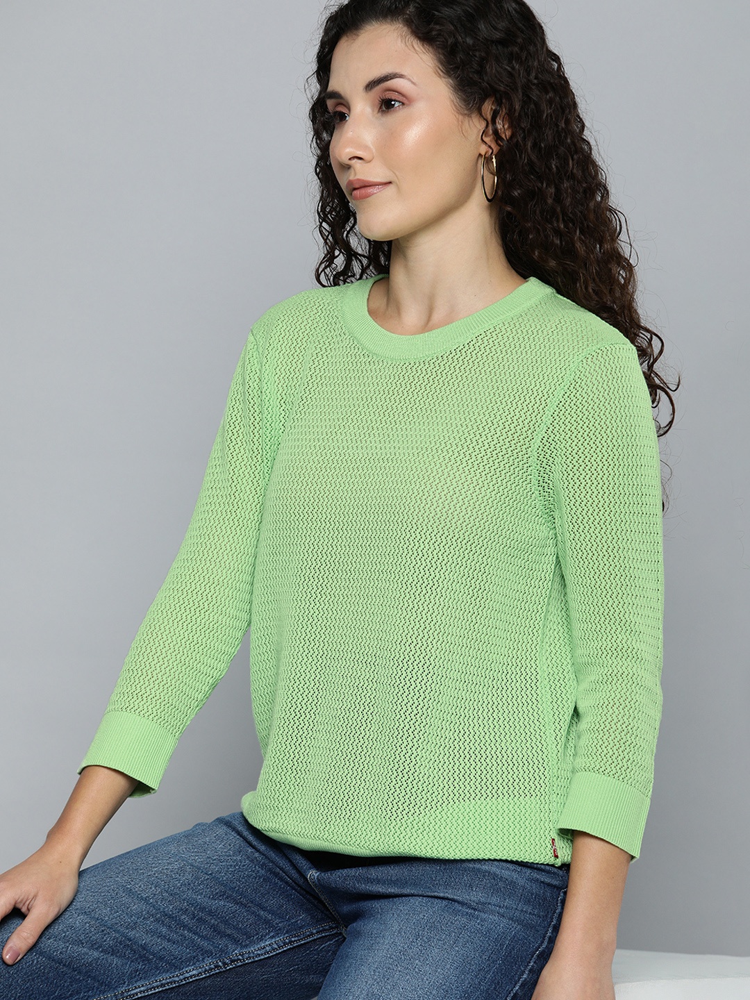 

Levis Pure Cotton Self Design Open Knit Pullover Sweaters, Green
