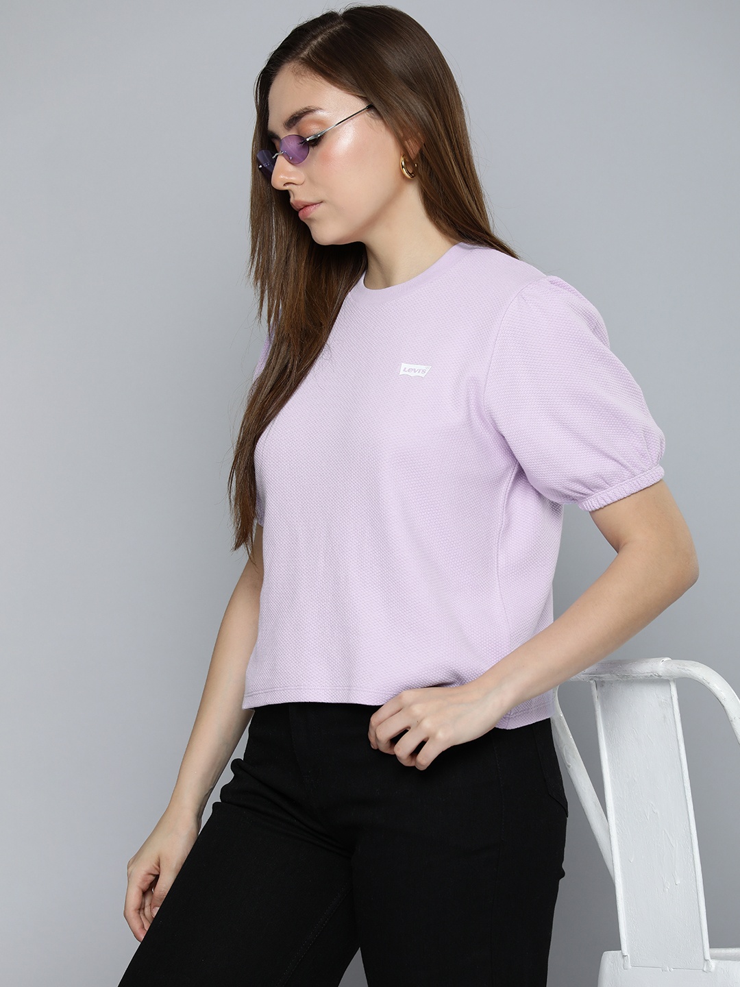 

Levis Pure Cotton Self Design Puff Sleeves Casual T-shirt, Lavender