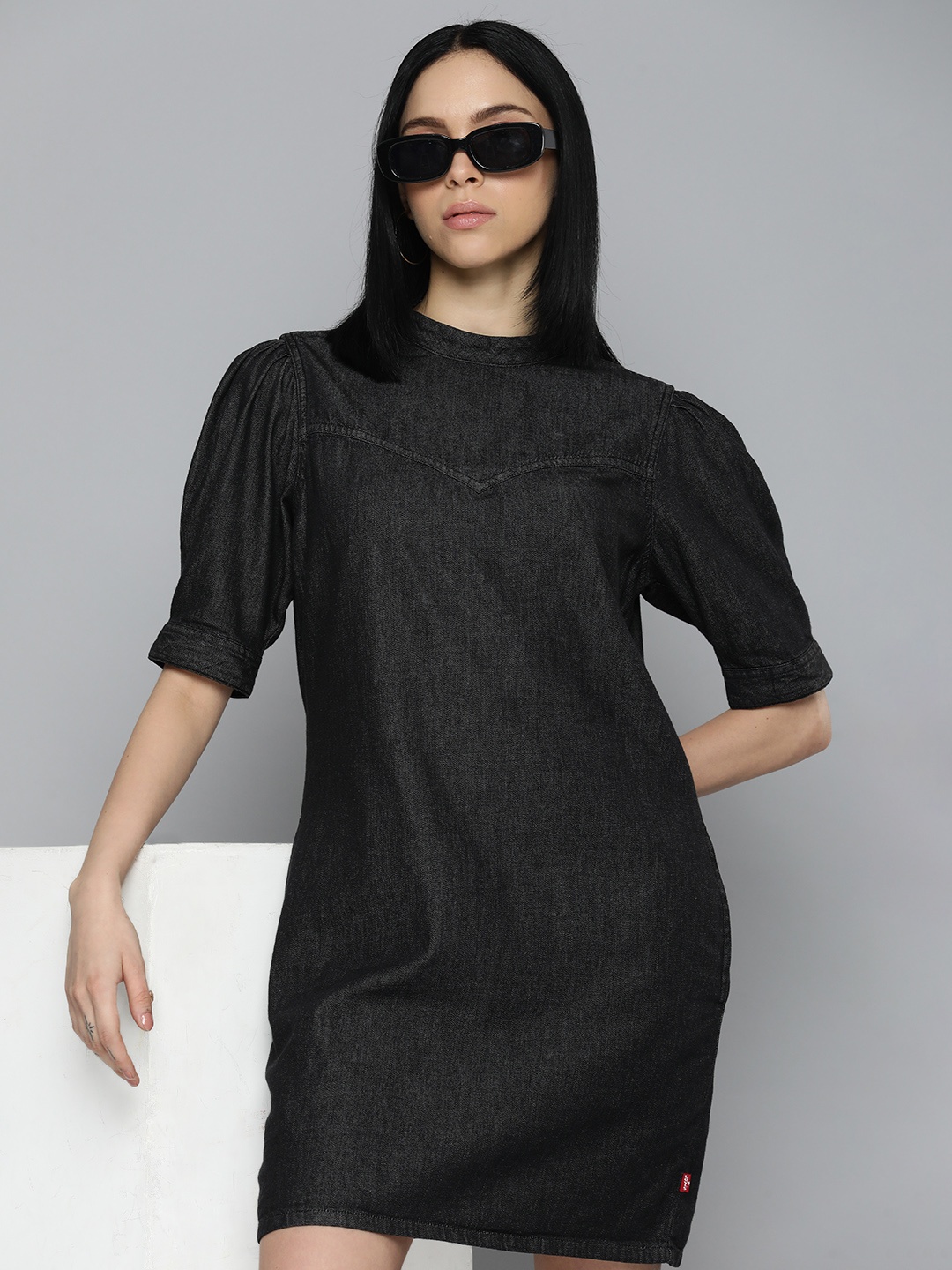 

Levis Pure Cotton Puff Sleeve A-Line Denim Dress, Black