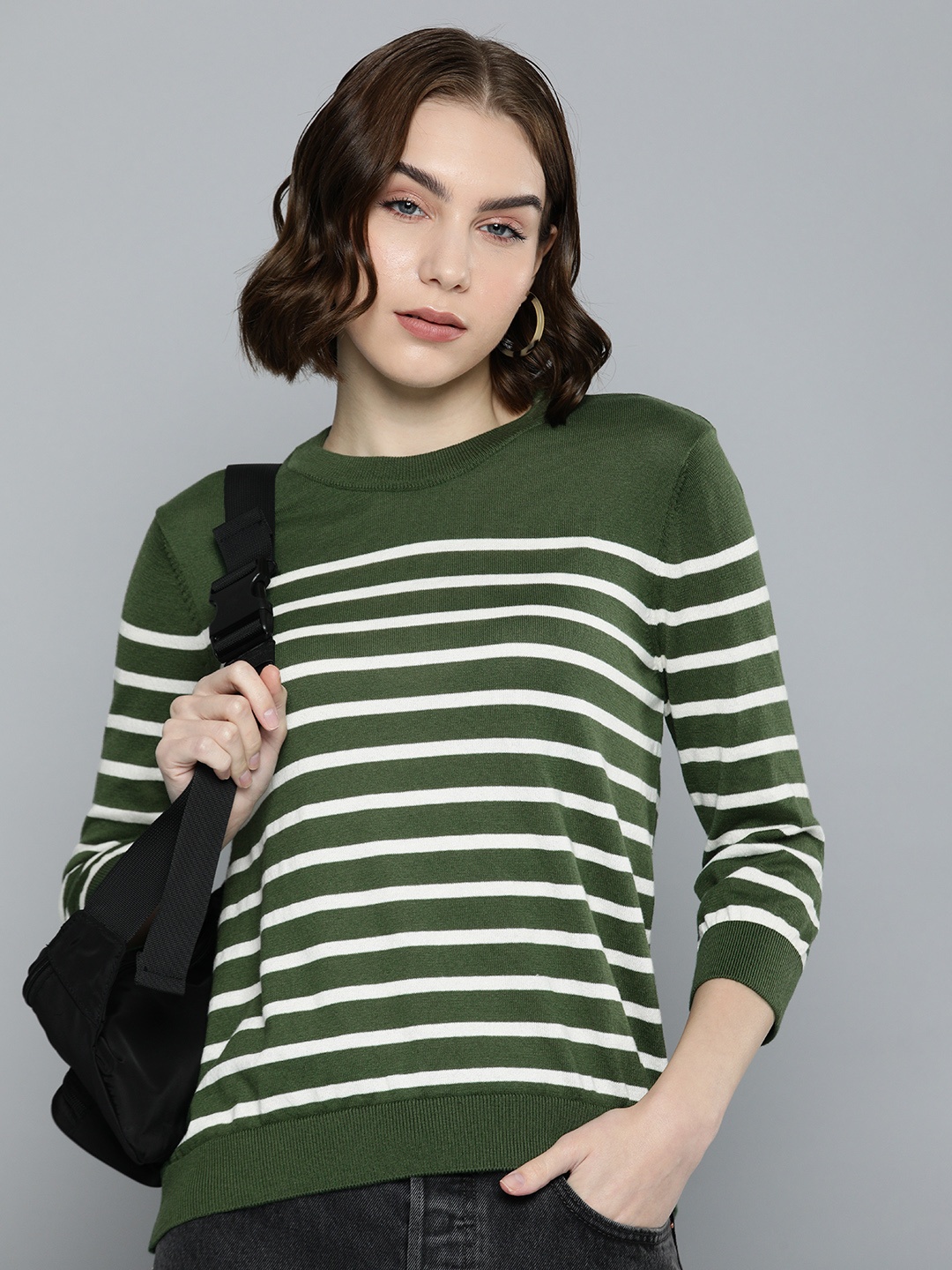 

Levis Round Neck Knitted Striped Pullover, Green