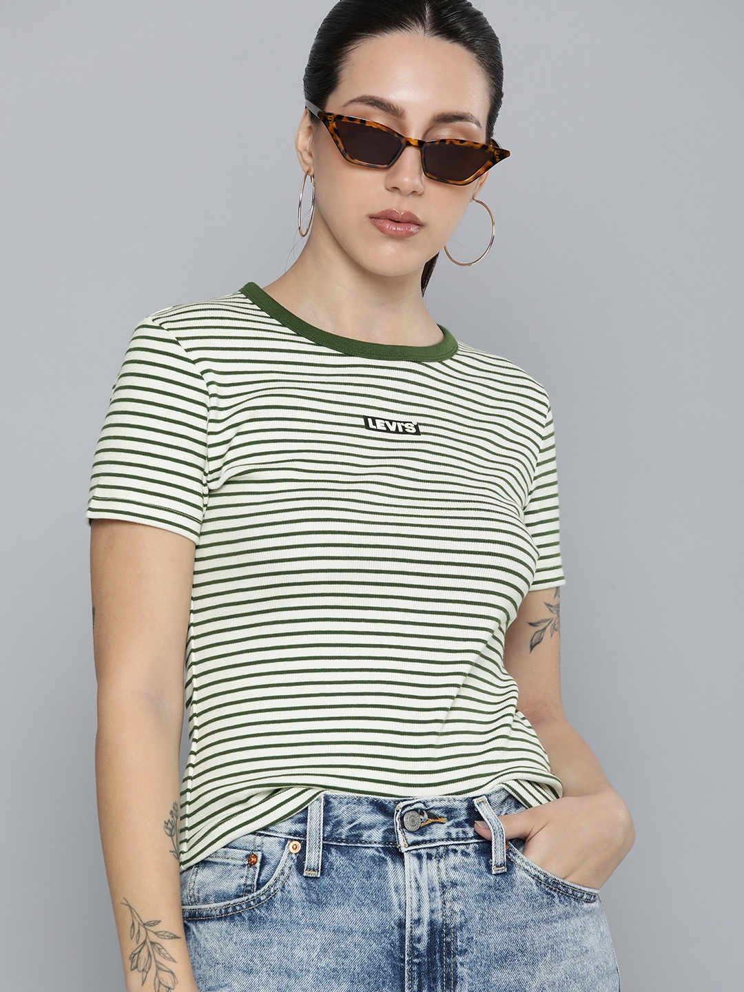

Levis Round Neck Striped Casual T-shirt, Green