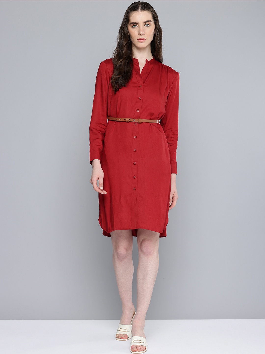 

Levis Long Sleeves Shirt Dress With Belt, Maroon