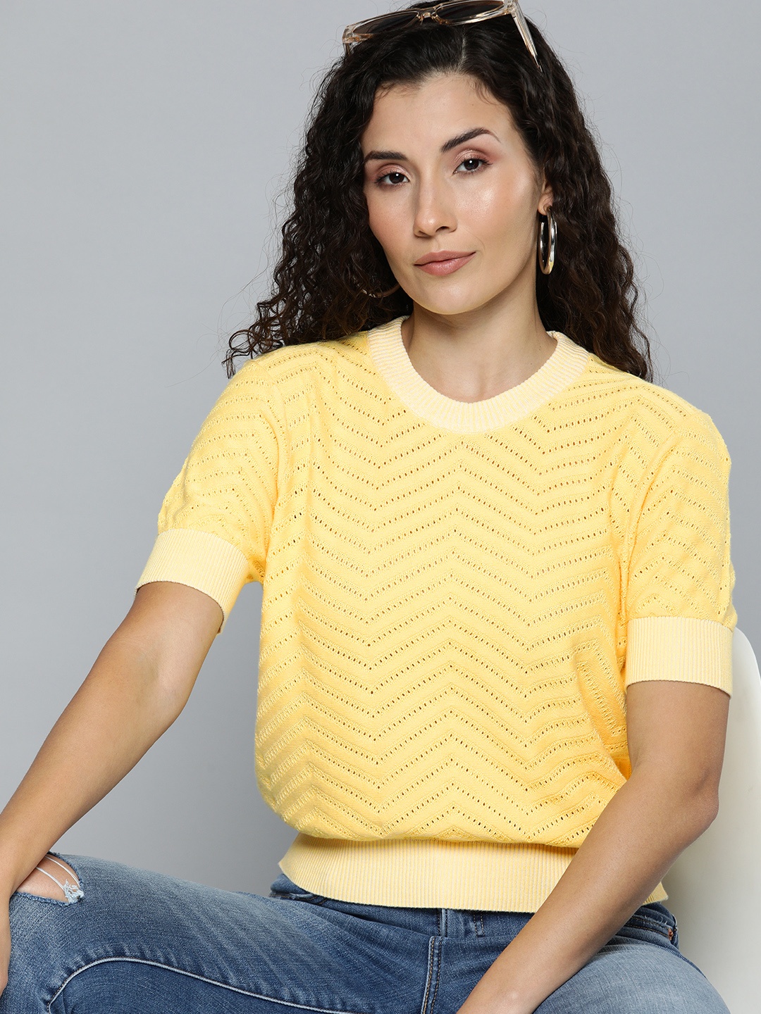 

Levis Self Design Open Knit Pullover Sweaters, Yellow