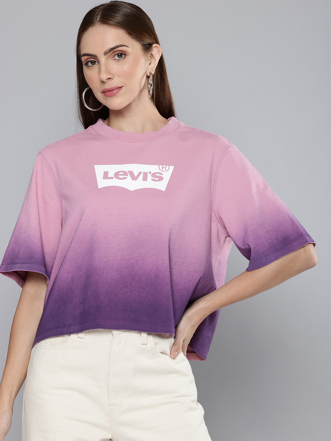 

Levis Dyed Ombre Effect Drop-Shoulder Sleeves Pure Cotton Oversized T-shirt, Purple