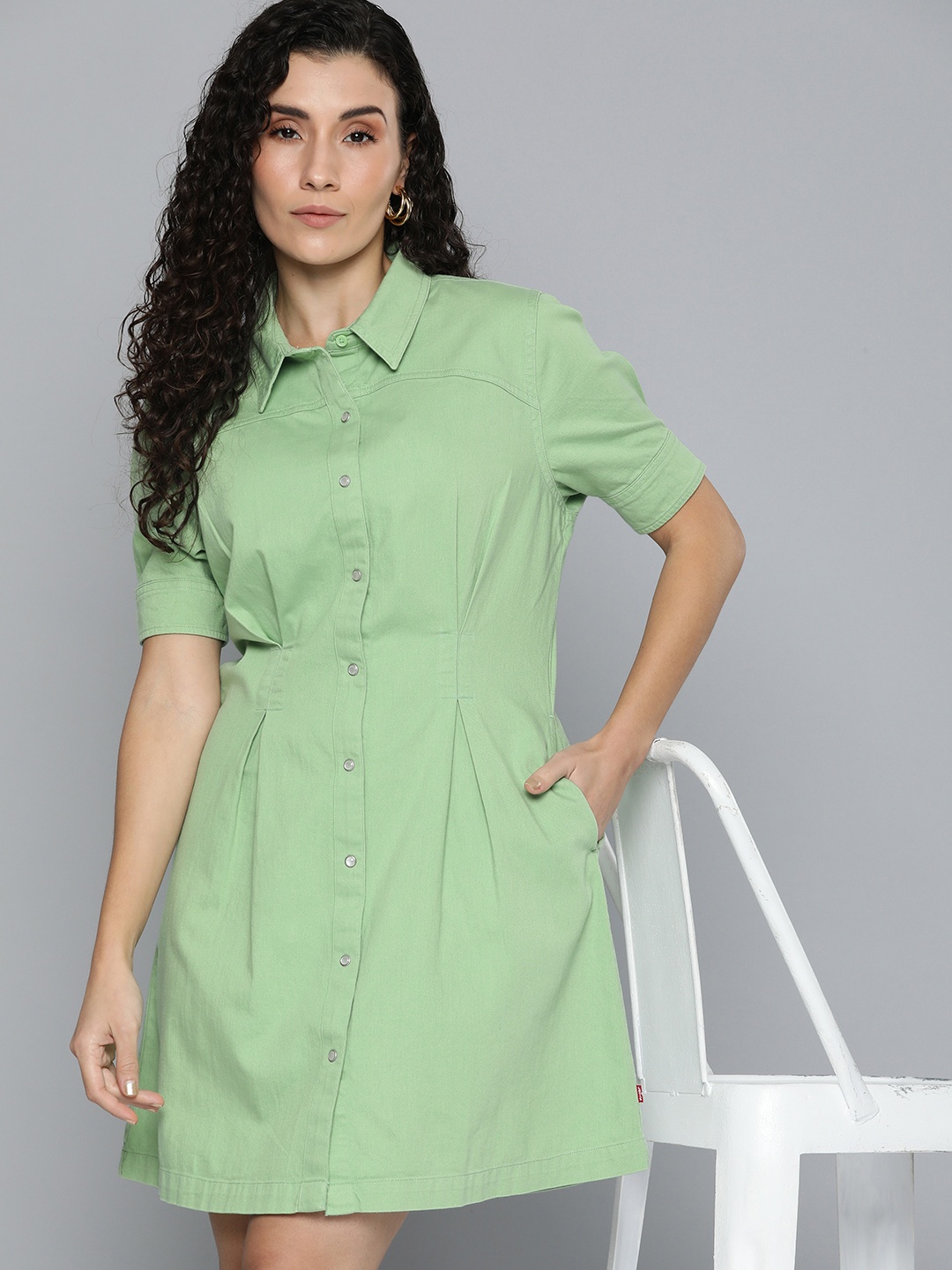 

Levis Pure Cotton Solid Above Knee Shirt Dress, Green