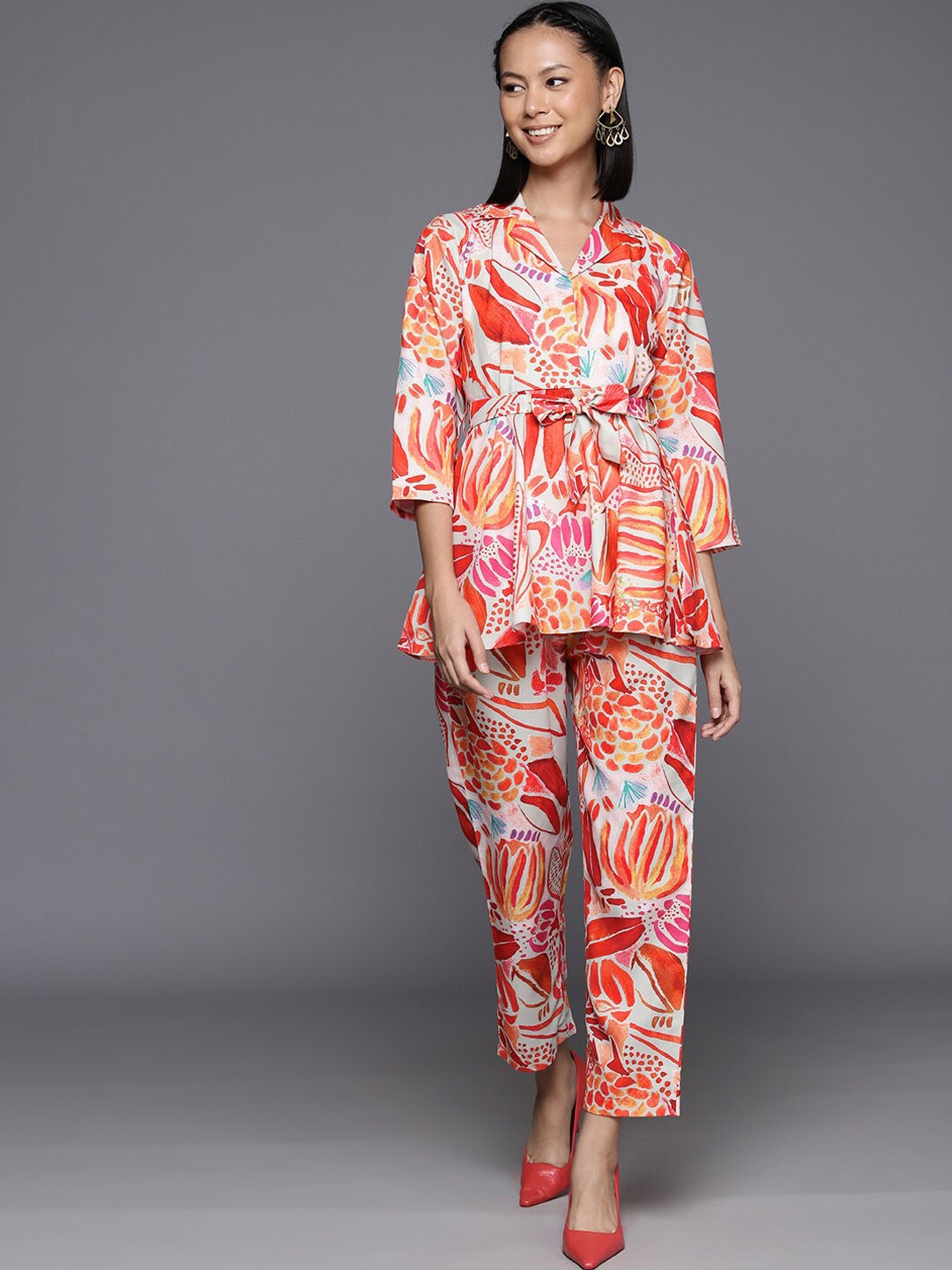 

KALINI Floral Printed Notched Lapel Collar Top With Flared Trousers, Rust