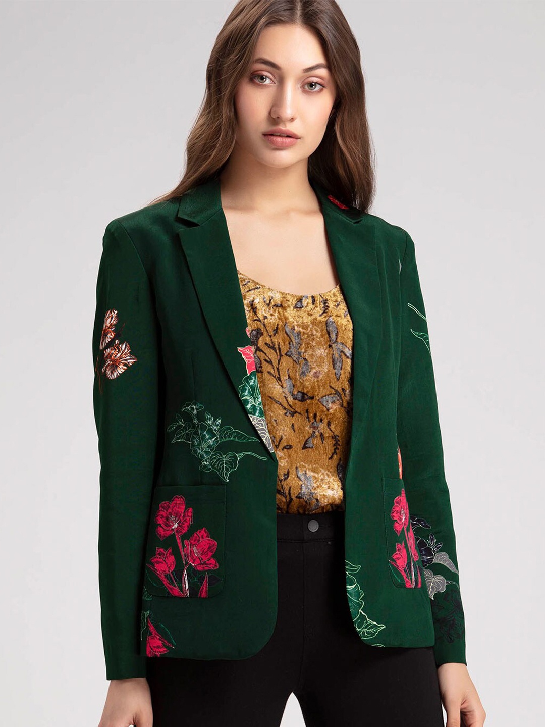 

SHAYE Printed Single Breasted Blazer, Green
