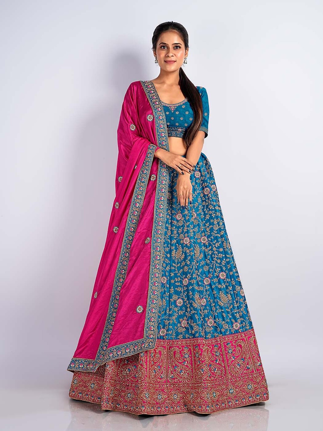 

HALFSAREE STUDIO Embroidered Net Semi-Stitched Lehenga & Unstitched Blouse With Dupatta, Blue