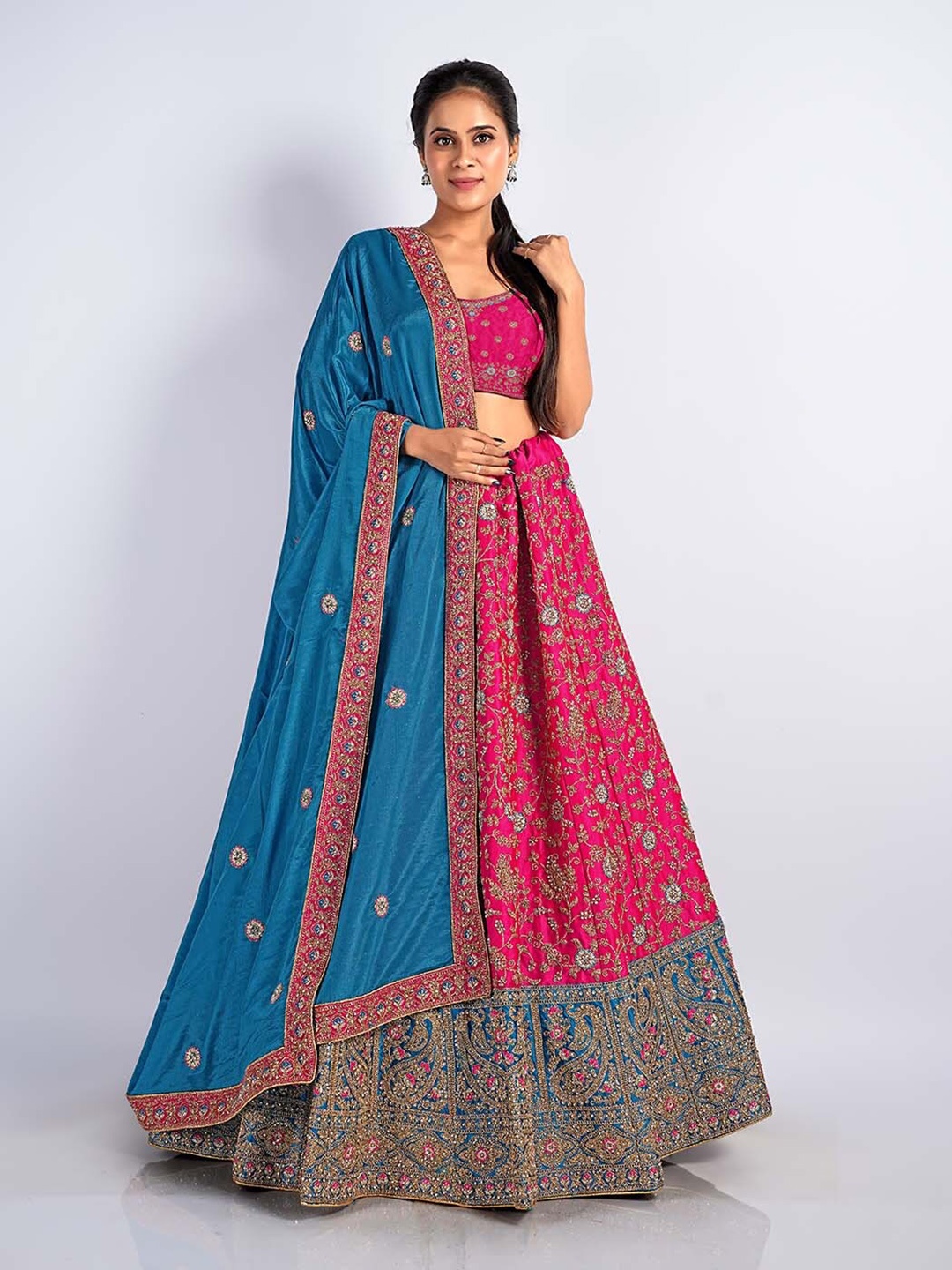 

HALFSAREE STUDIO Embroidered Net Semi-Stitched Lehenga & Unstitched Blouse With Dupatta, Pink