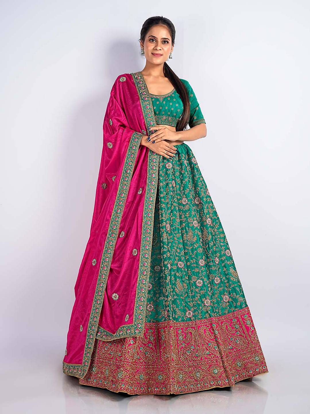 

HALFSAREE STUDIO Embroidered Net Semi-Stitched Lehenga & Unstitched Blouse With Dupatta, Green