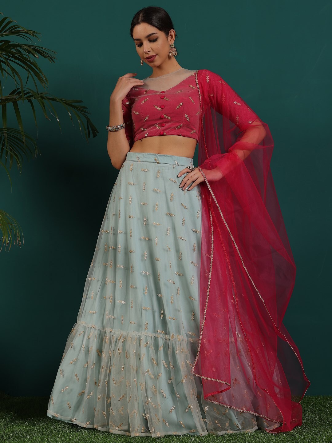 

Ethnovog Embroidered Round Neck Ready to Wear Lehenga & Blouse With Dupatta, Blue