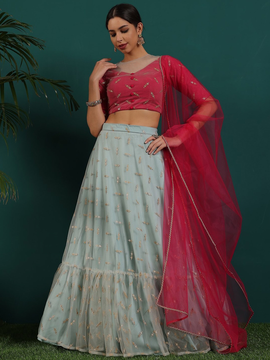 

Ethnovog Embroidered Sequinned Ready to Wear Lehenga & Blouse With Dupatta, Blue