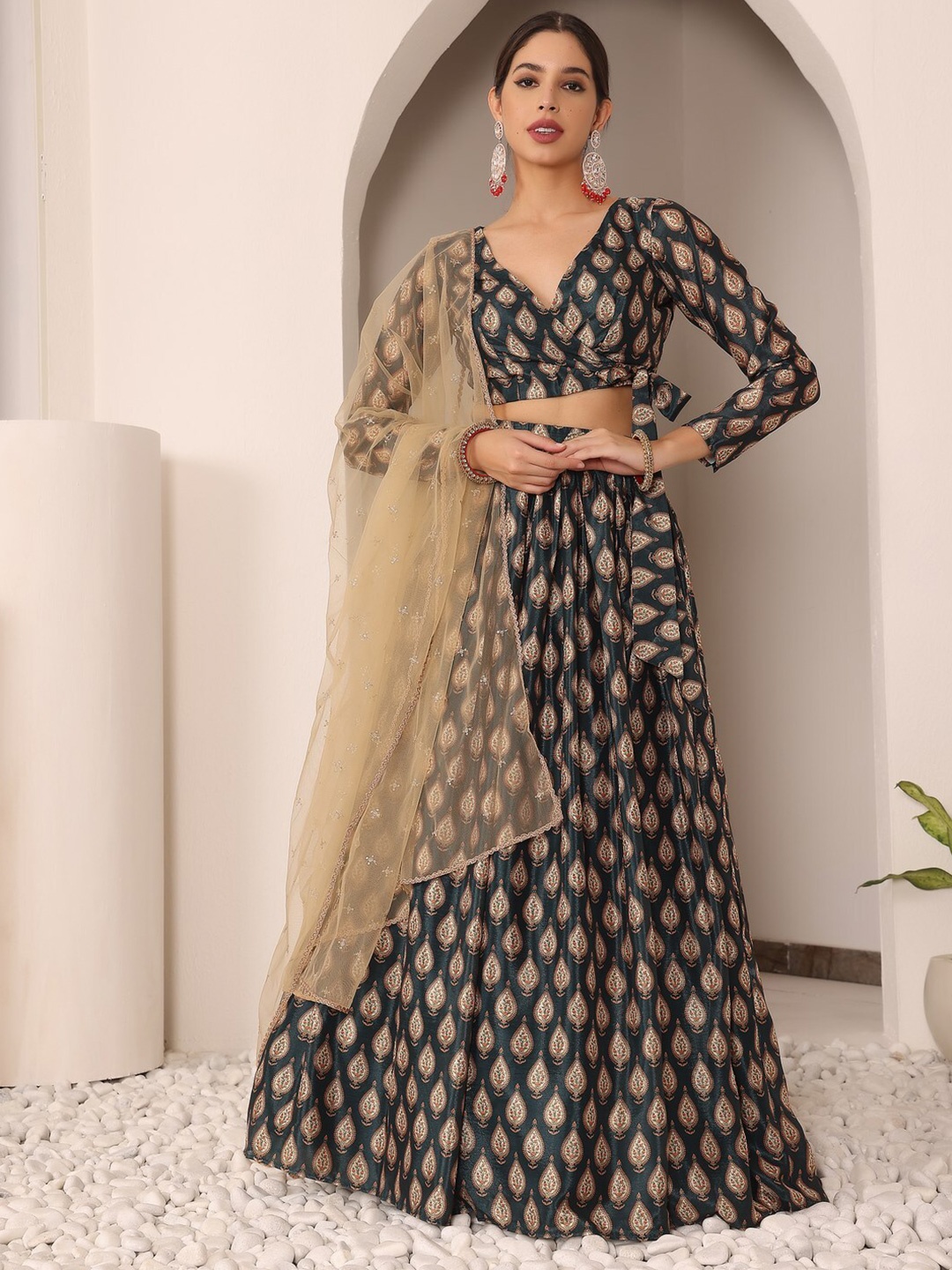 

Ethnovog Ethnic Motifs Printed Ready to Wear Lehenga & Blouse With Dupatta, Green