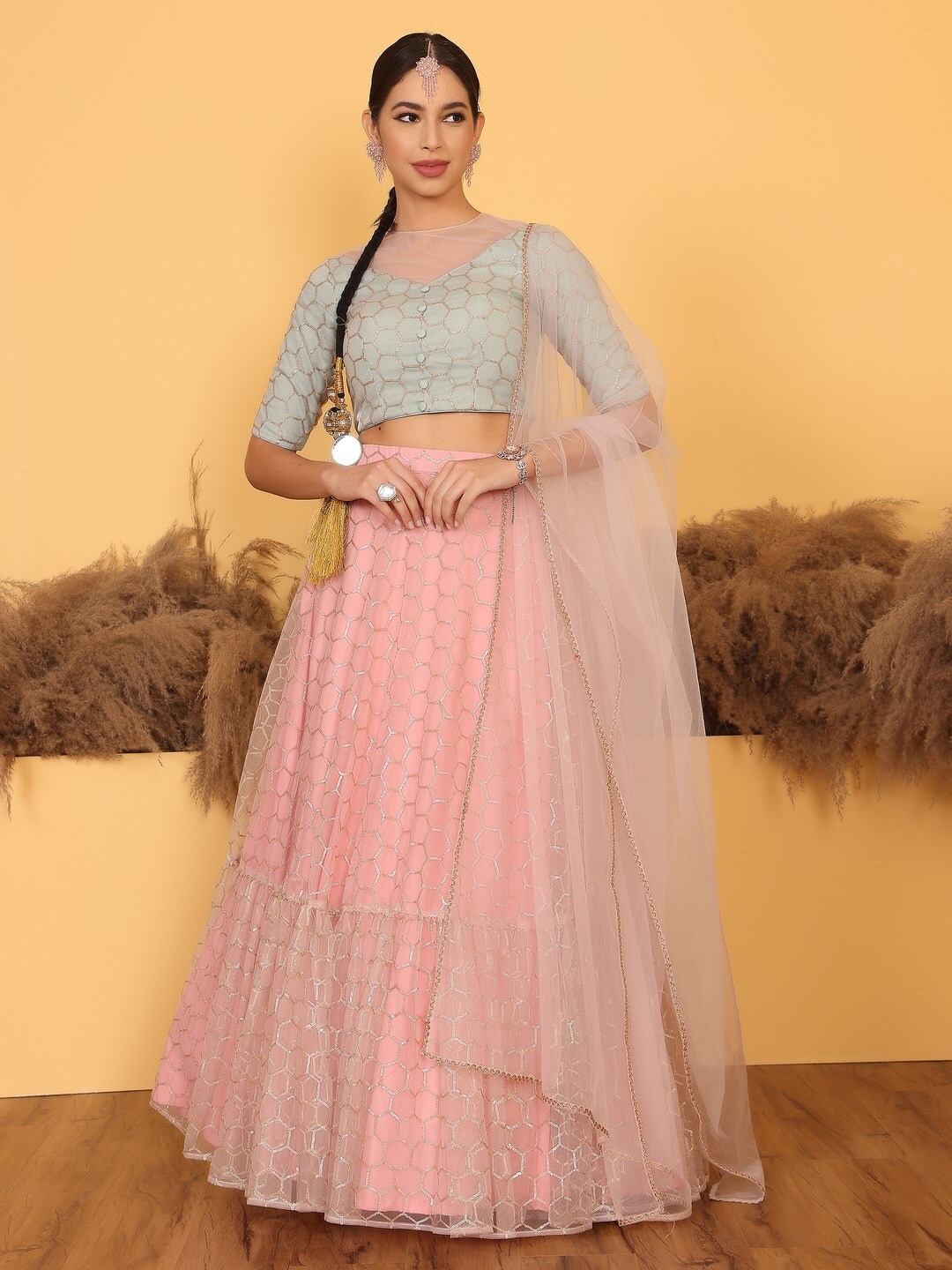 

Ethnovog Embellished Ready to Wear Lehenga & Blouse With Dupatta, Pink