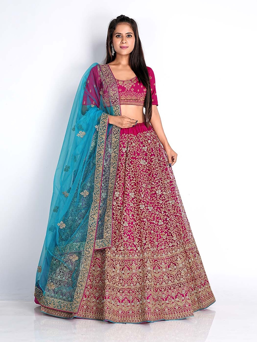 

HALFSAREE STUDIO Embroidered Net Semi-Stitched Lehenga & Unstitched Blouse With Dupatta, Pink