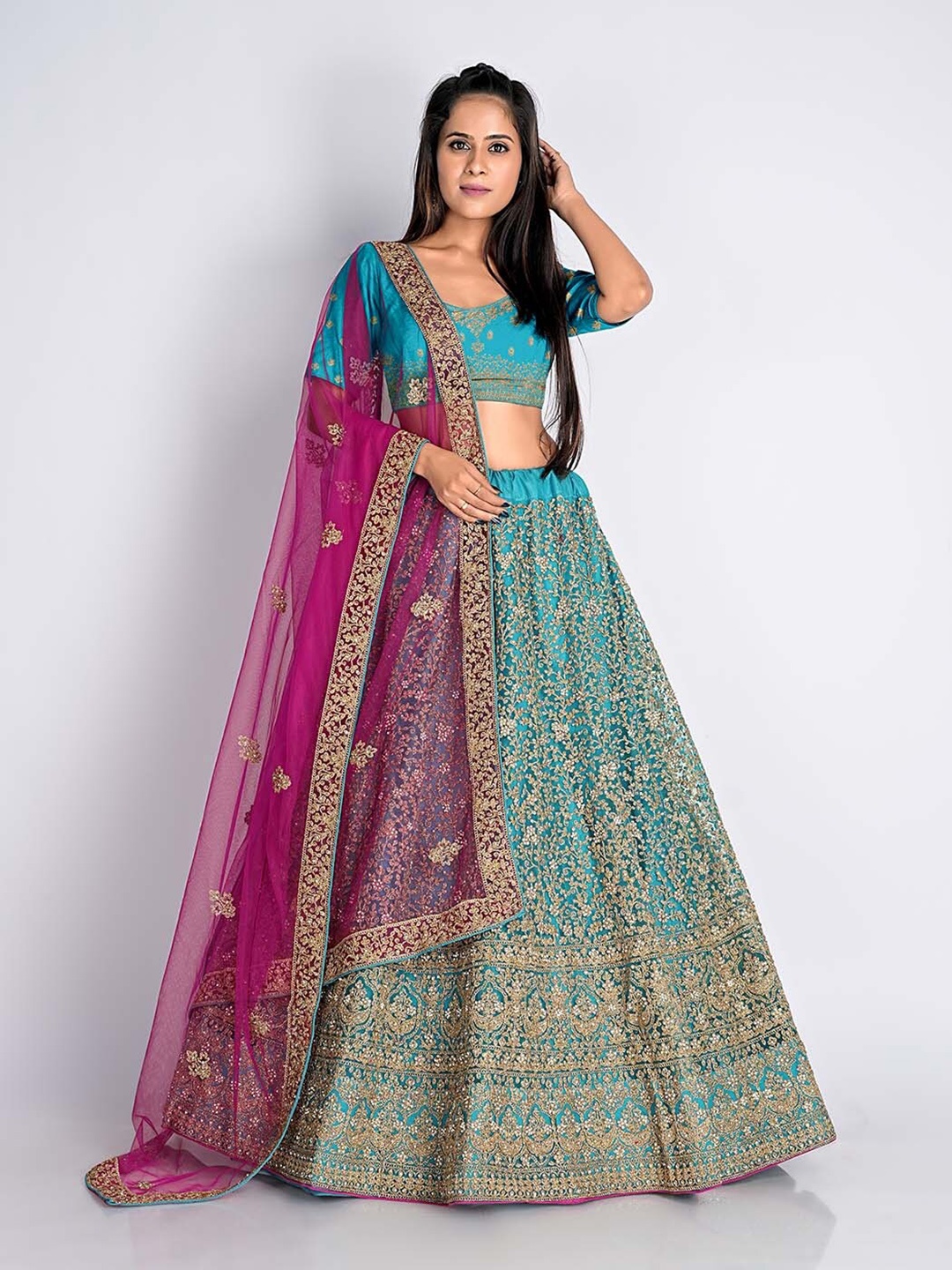 

HALFSAREE STUDIO Embroidered Net Semi-Stitched Lehenga & Unstitched Blouse With Dupatta, Blue
