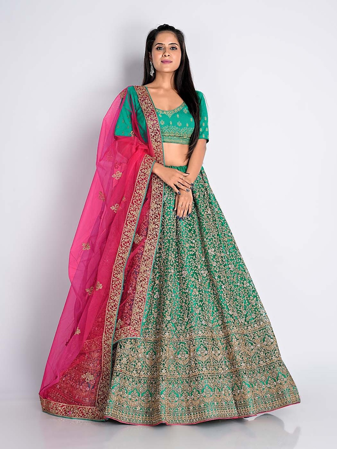 

HALFSAREE STUDIO Embroidered Net Semi-Stitched Lehenga & Unstitched Blouse With Dupatta, Green