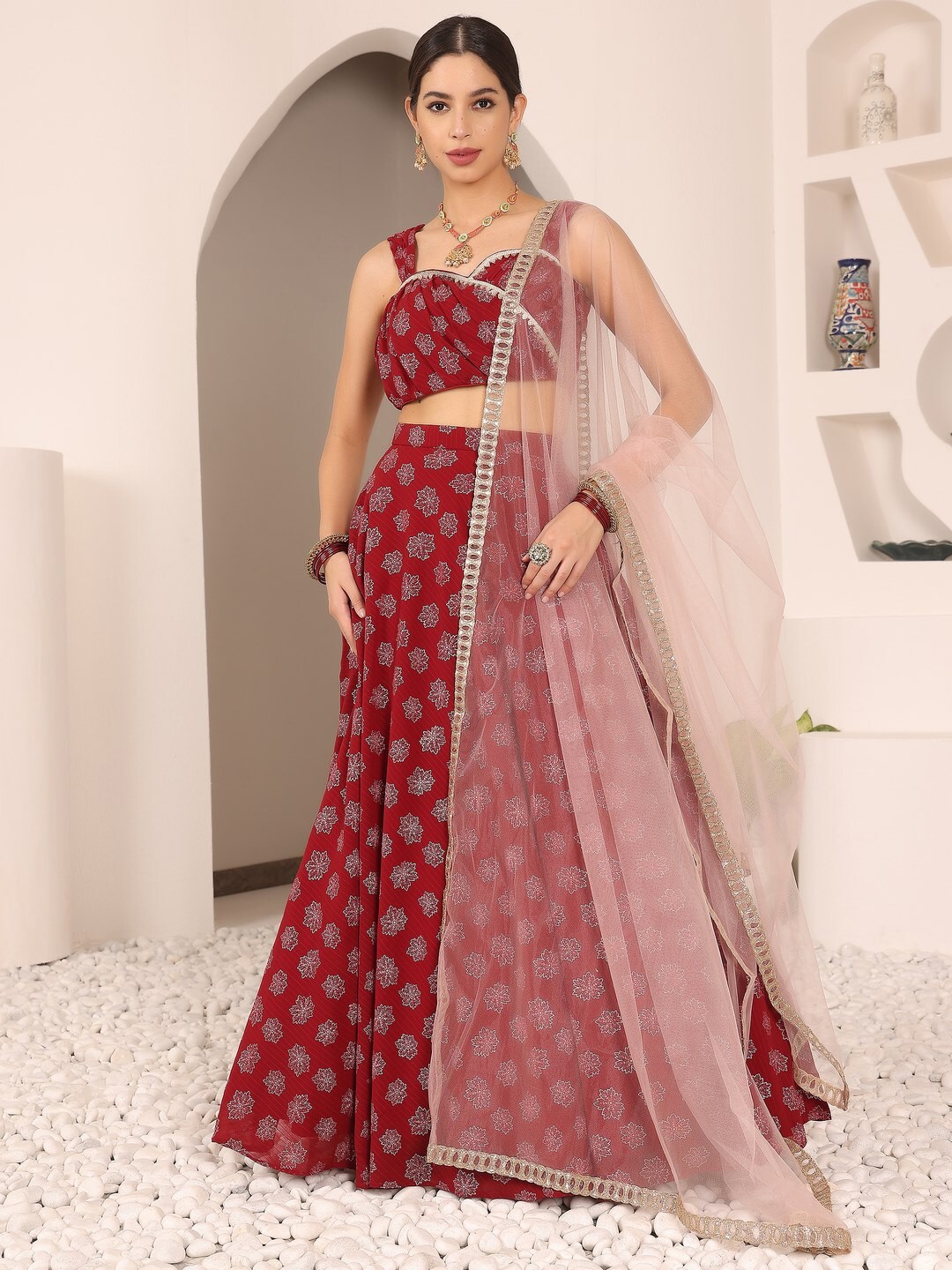 

Ethnovog Floral Printed Ready to Wear Lehenga & Blouse With Dupatta, Maroon