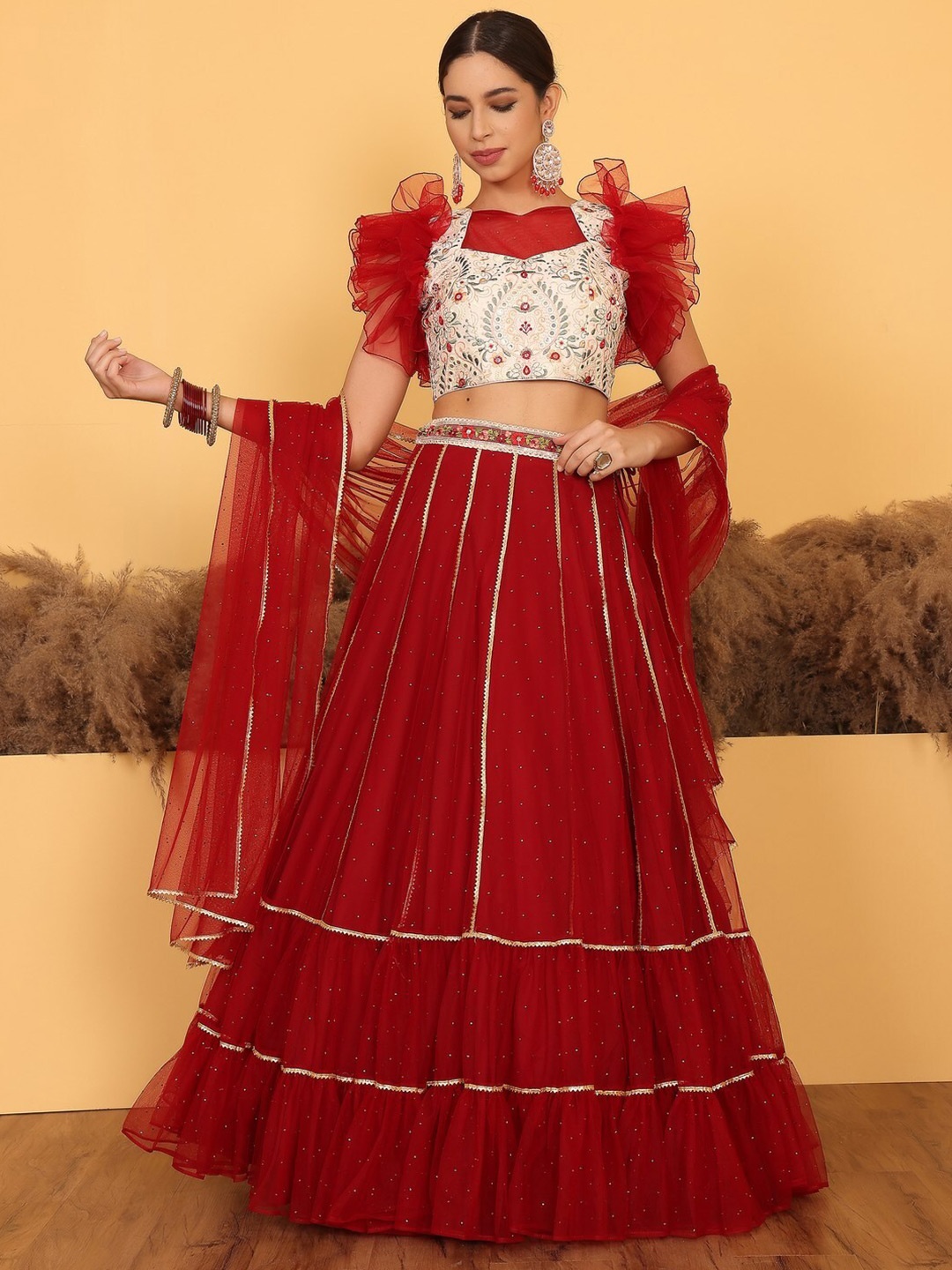 

Ethnovog Embroidered Thread Work Ready to Wear Lehenga & Blouse With Dupatta, Cream