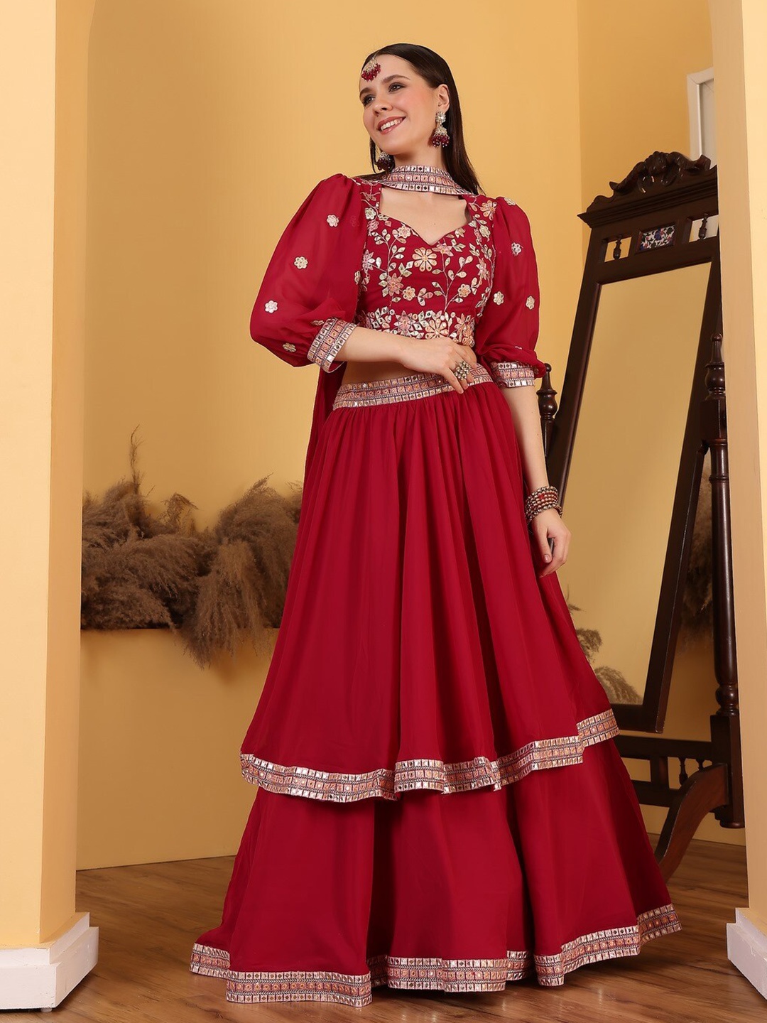 

Ethnovog Embroidered Mirror Work Ready to Wear Lehenga & Blouse With Dupatta, Pink