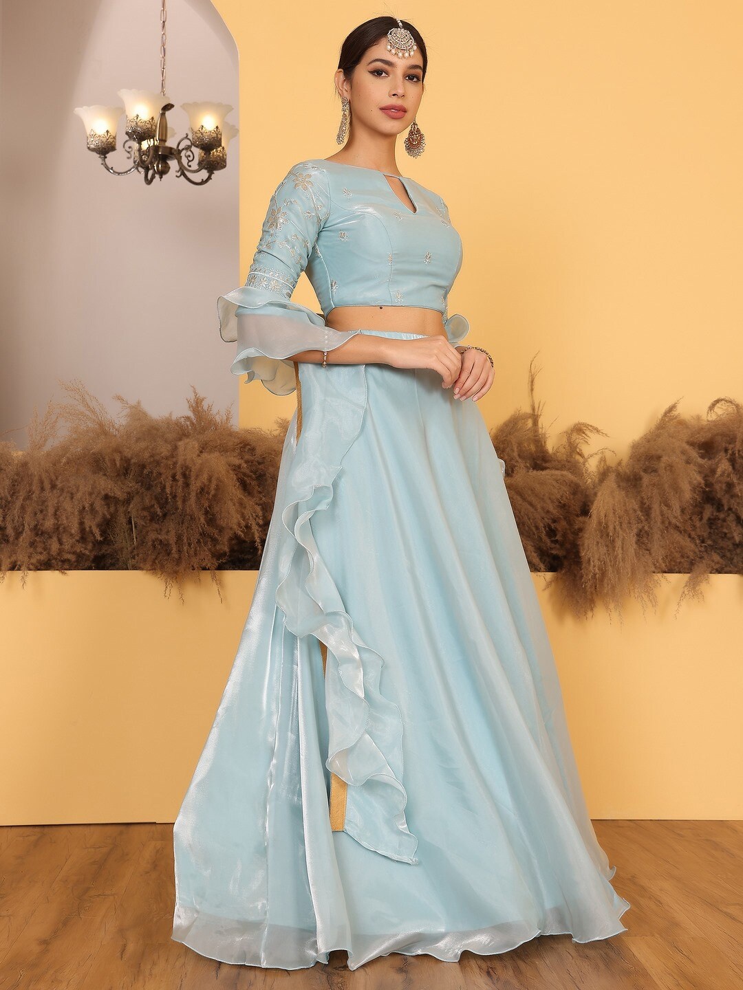 

Ethnovog Embroidered Keyhole Neck Ready to Wear Lehenga & Blouse With Dupatta, Blue