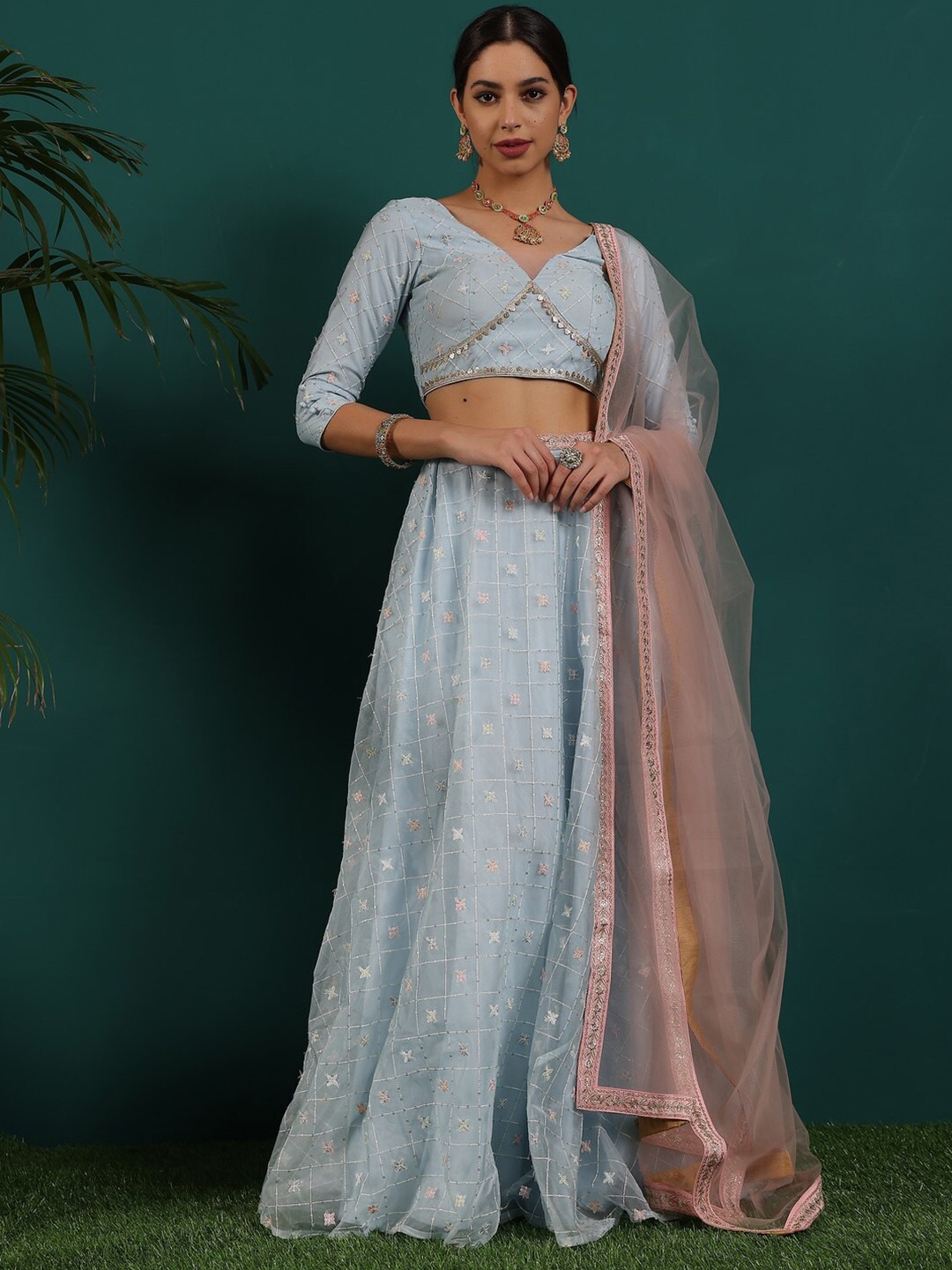 

Ethnovog Embroidered Ready to Wear Lehenga & Blouse With Dupatta, Blue
