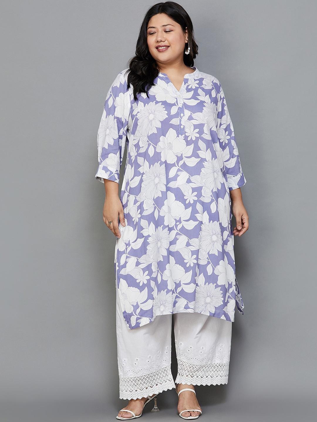 

Moiree by Lifestyle Plus Size Floral Printed Mandarin Collar Calf Length Straight Kurta, Blue