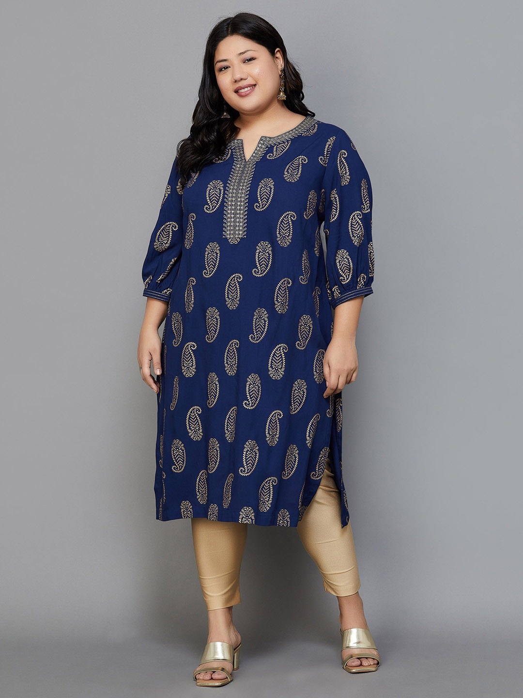 

Moiree by Lifestyle Plus Size Paisley Printed Calf Length Straight Kurta, Blue