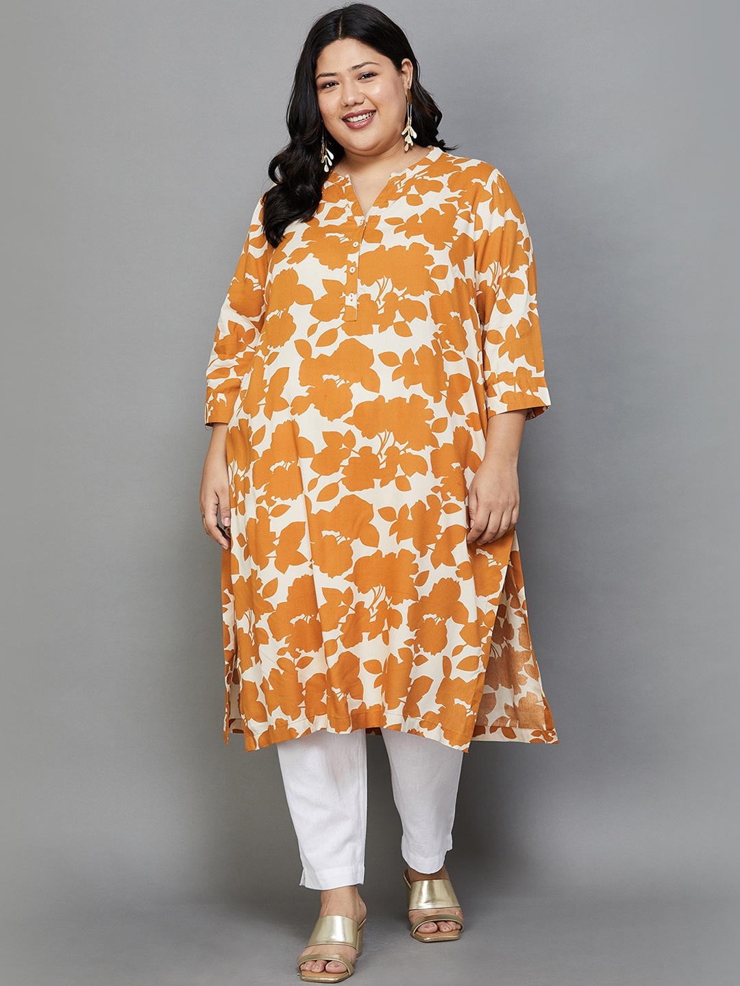 

Moiree by Lifestyle Plus Size Floral Printed Mandarin Collar Calf Length Straight Kurta, Mustard