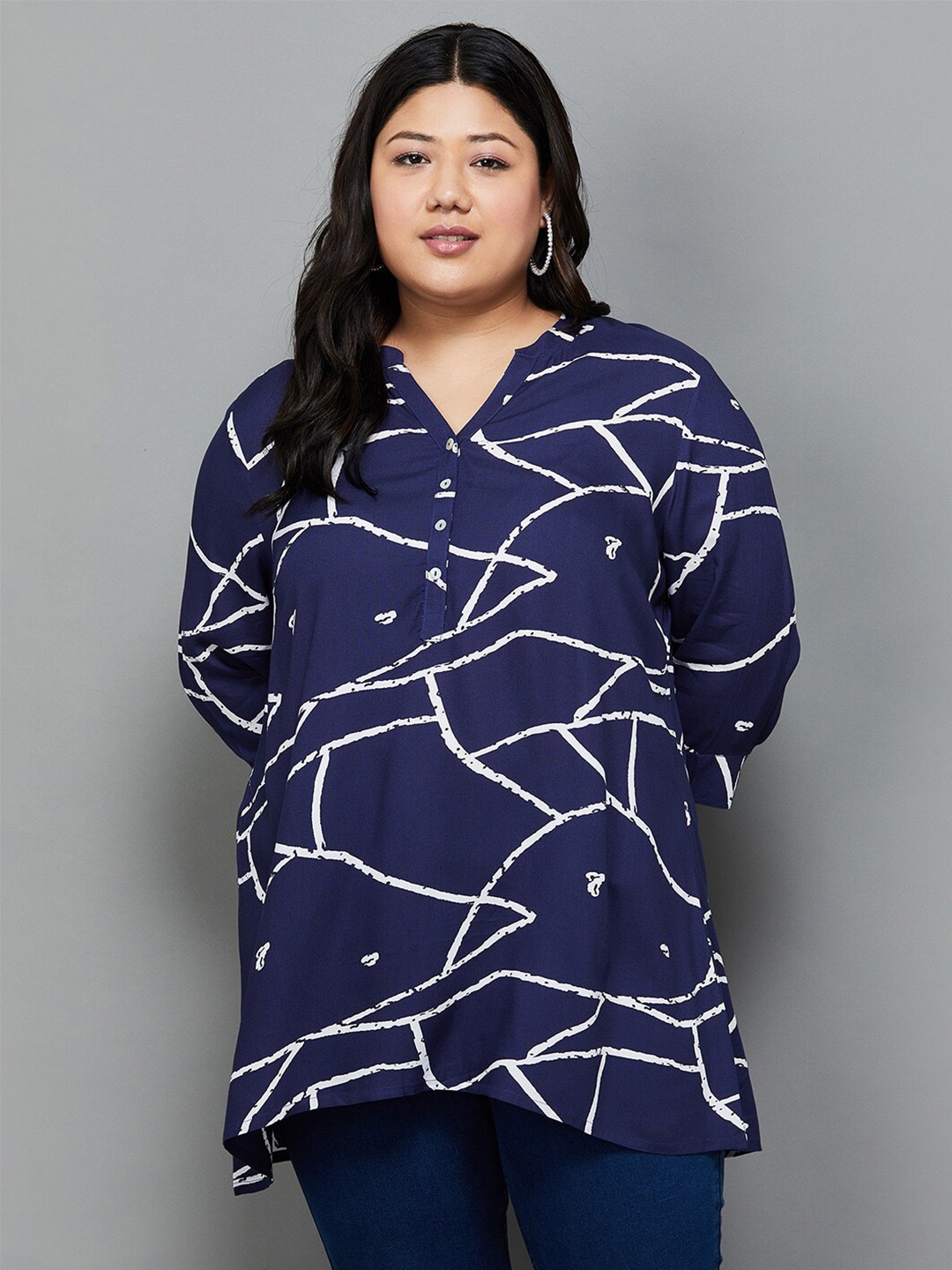 

Moiree by Lifestyle Plus Size Abstract Printed Mandarin Collar A-Line Kurti, Navy blue
