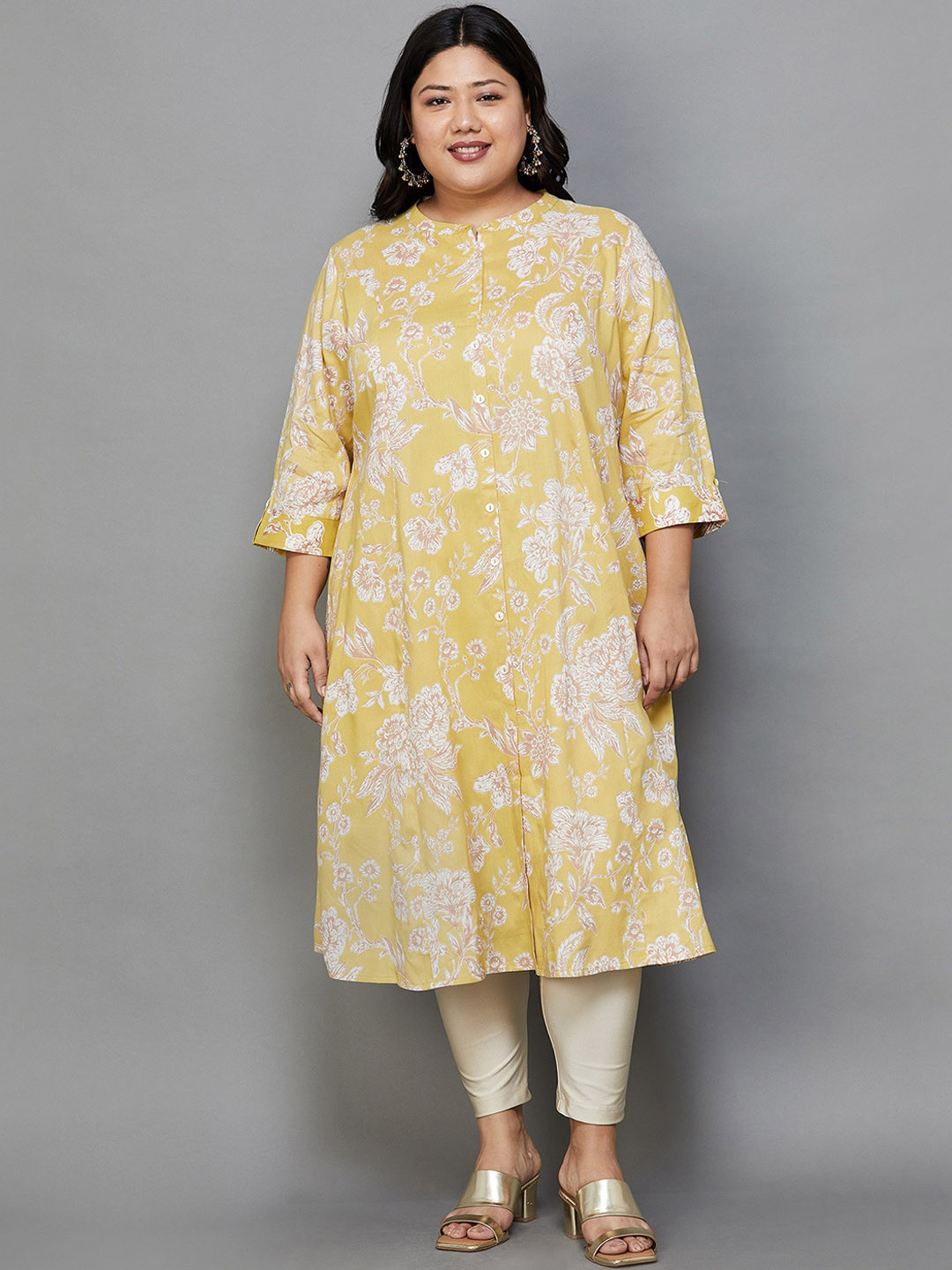 

Moiree by Lifestyle Plus Size Floral Printed Band Collar Roll Up Sleeves Kurta, Mustard