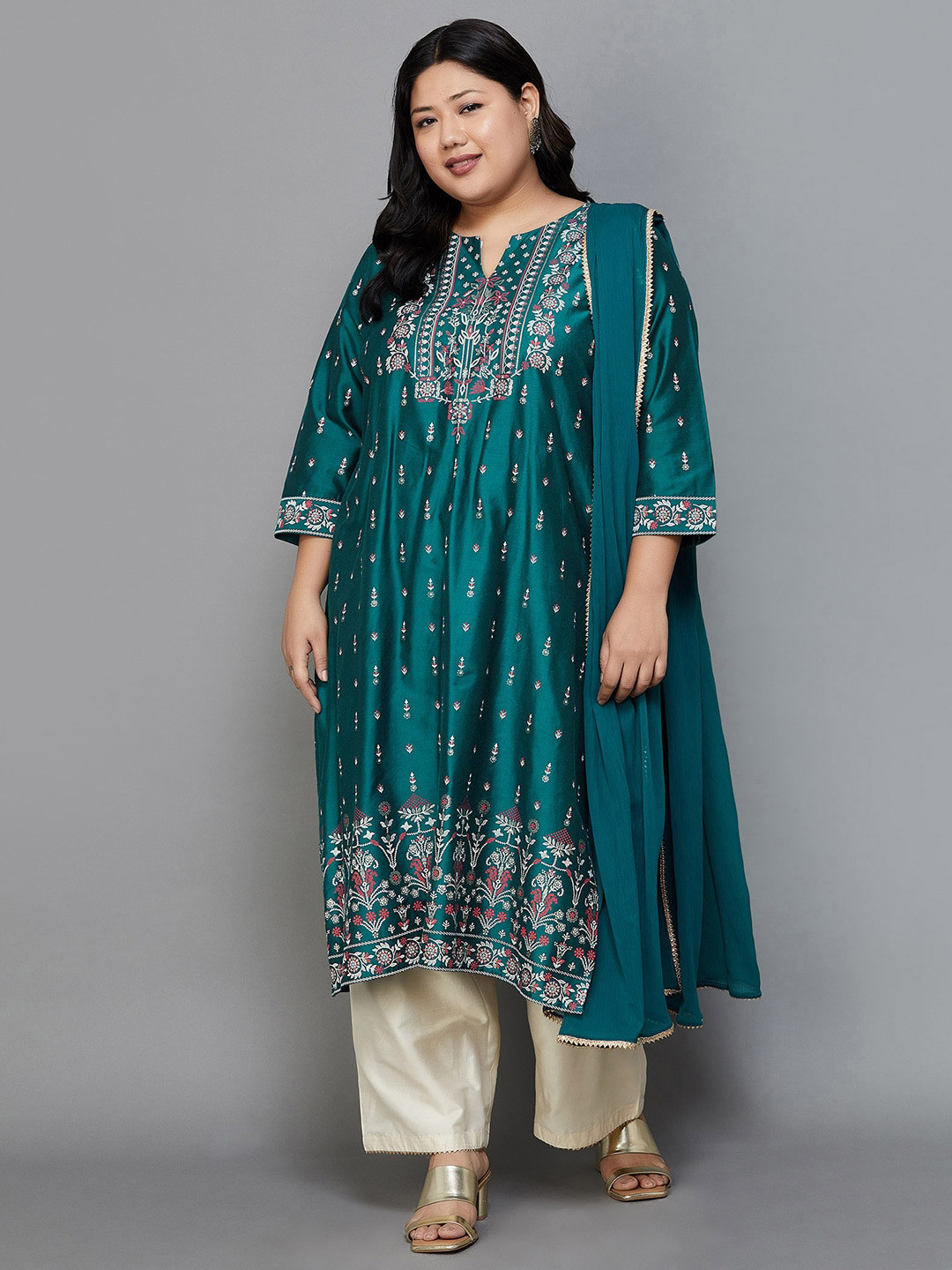 

Moiree by Lifestyle Plus Size Ethnic Motif Printed Kurta With Pyjamas & Dupatta, Teal