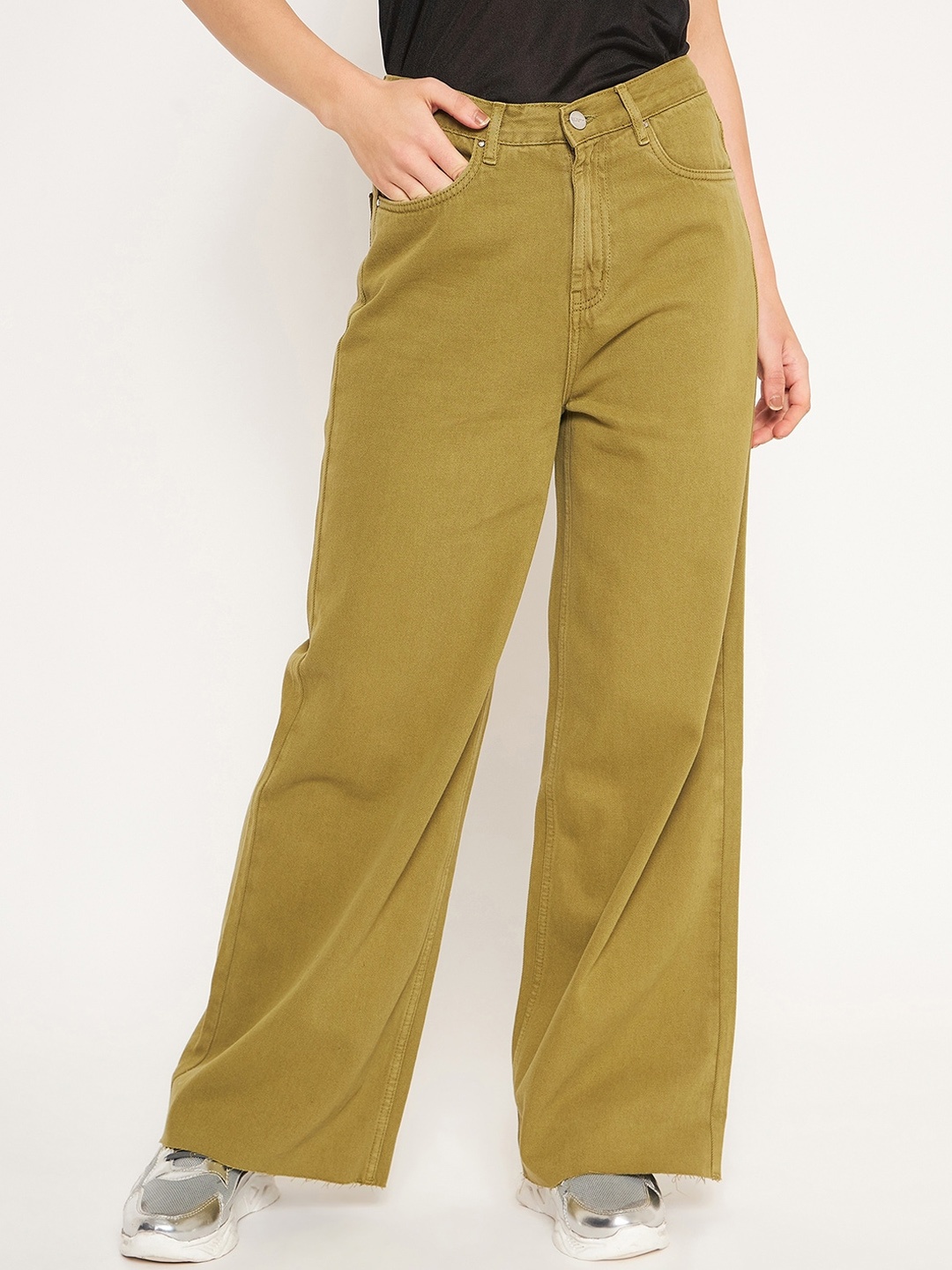 

Madame Women Clean Look Cotton Wide Leg Jeans, Olive