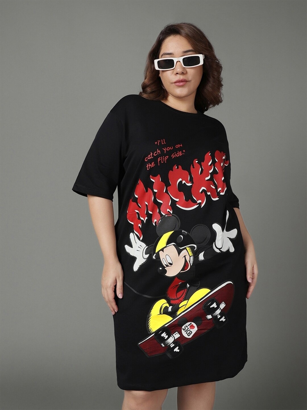 

Bewakoof Heavy Duty 1.0 Women Mickey Graphic Printed Oversized Plus Size T-Shirt Dress, Black