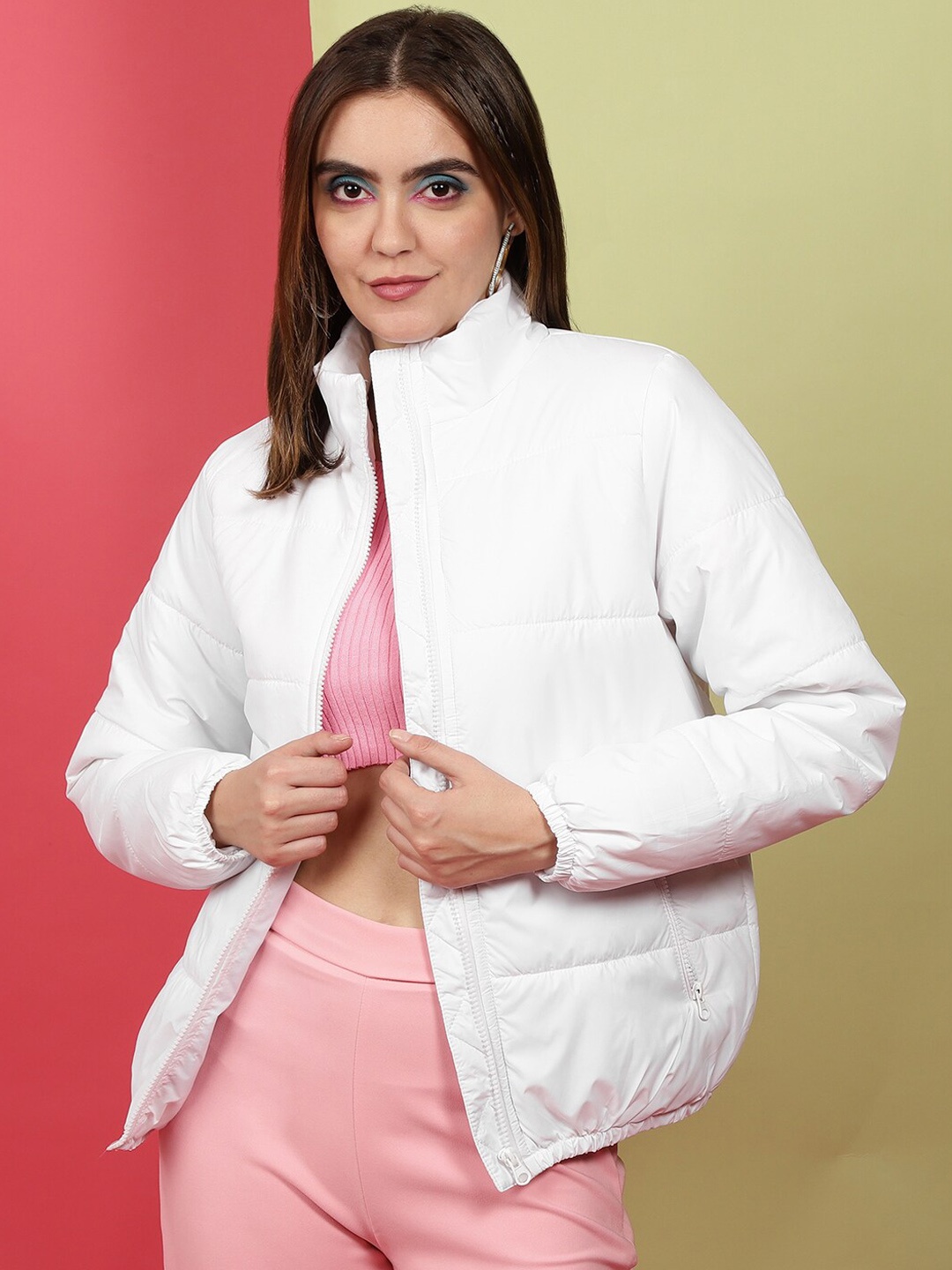 

Freehand by The Indian Garage Co White Mock Collar Long Sleeve Zip Detail Padded Jacket