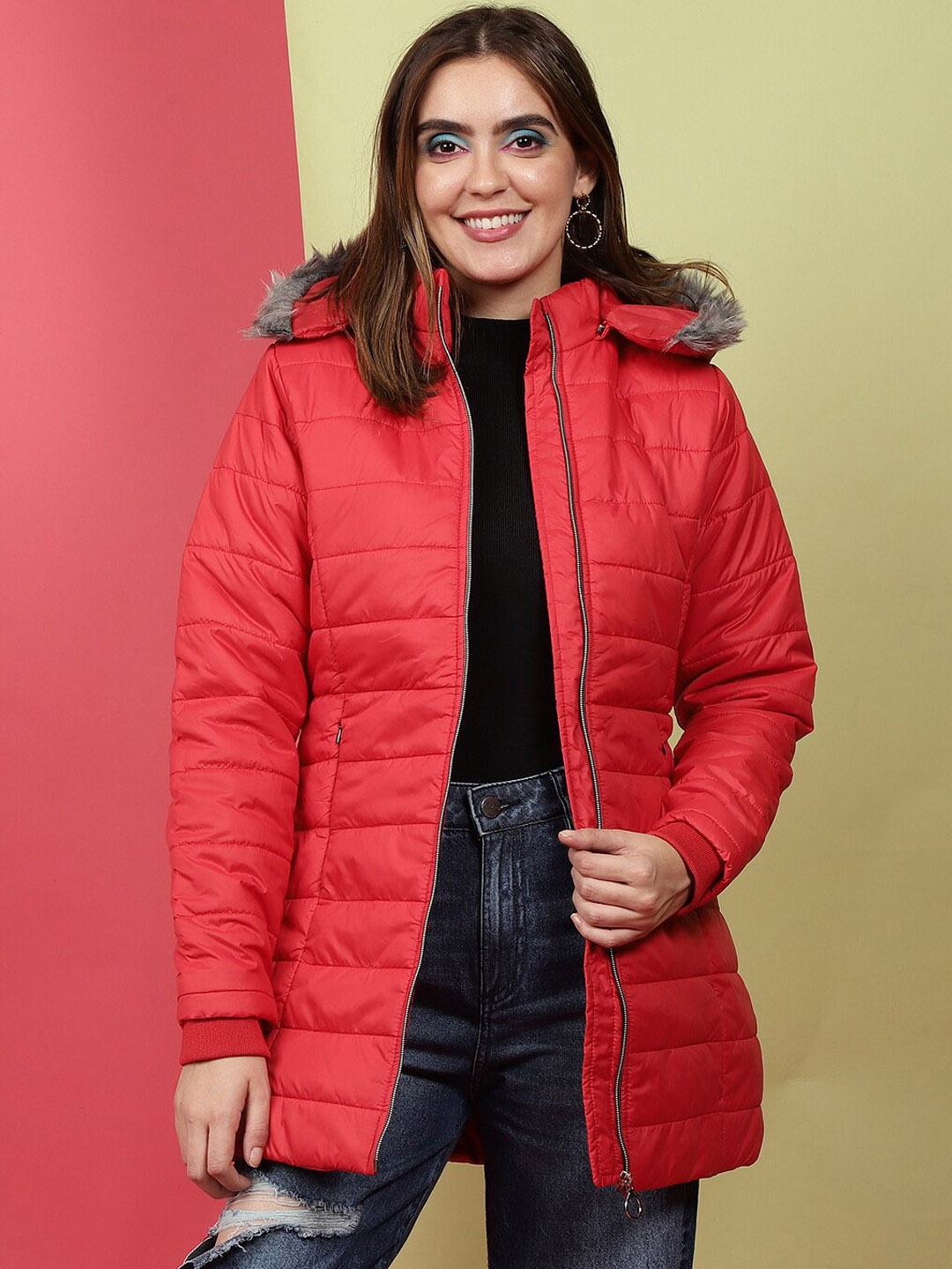 

Freehand Red Hood Long Sleeves Fur Longline Padded Jacket