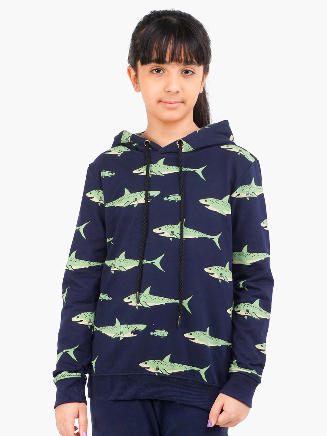 

ariel Girls Graphic Printed Hooded Cotton Pullover, Navy blue