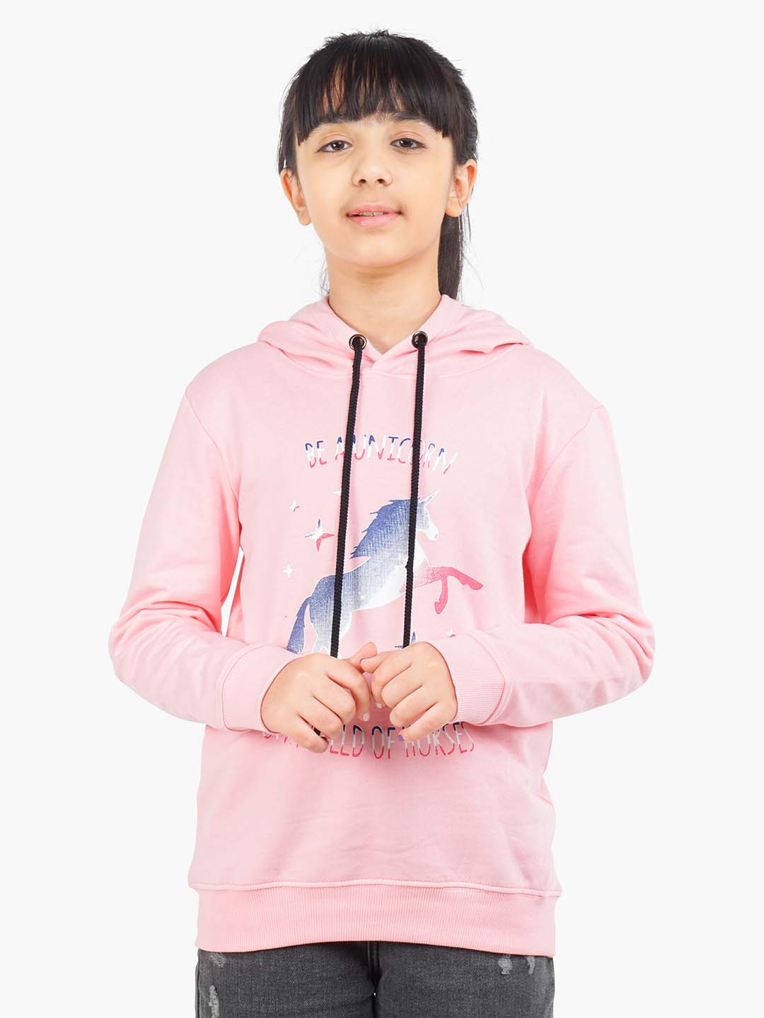 

ariel Girls Graphic Printed Hooded Cotton Pullover, Pink
