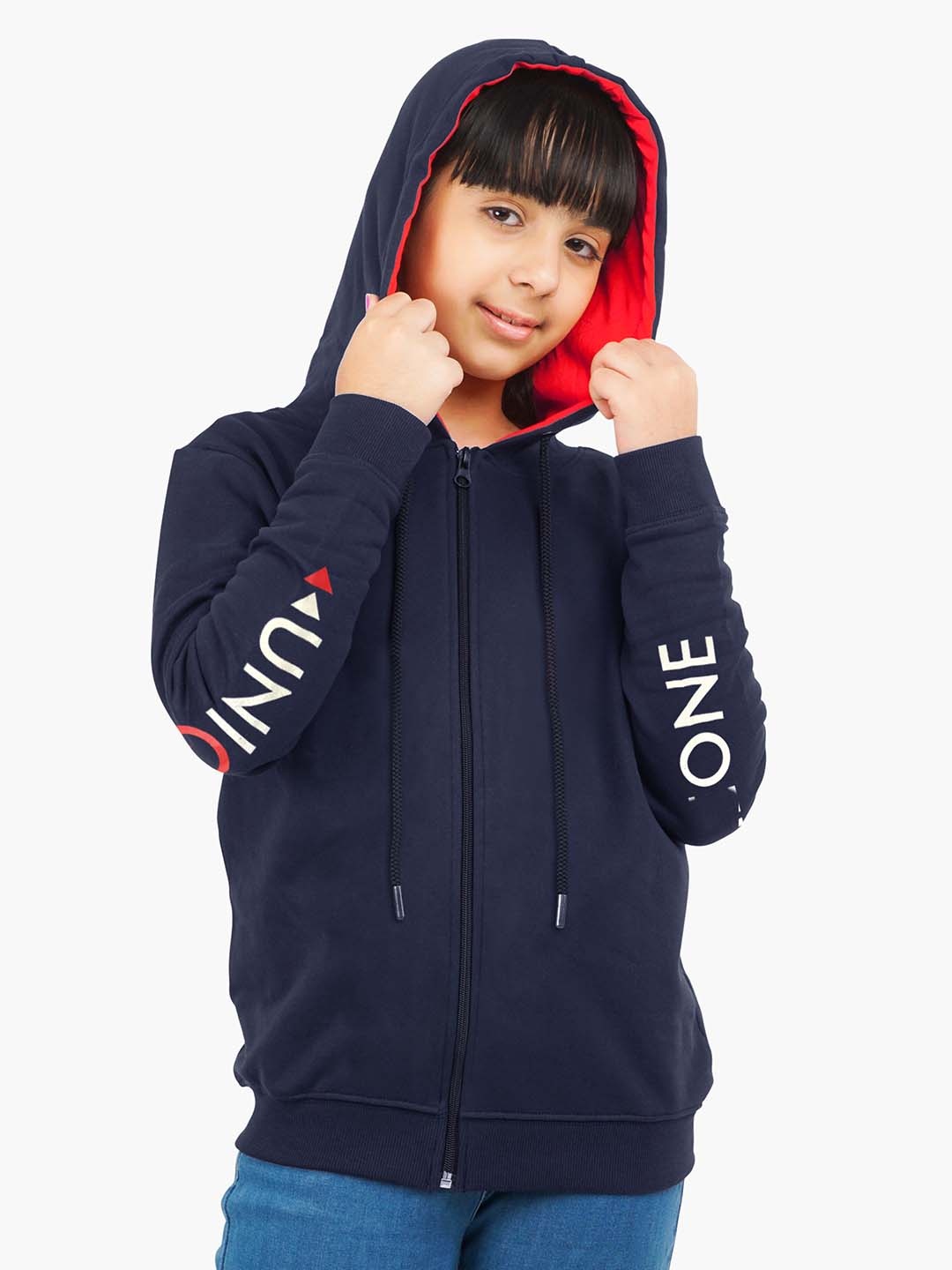 

ariel Girls Typography Printed Cotton Front Open Sweatshirt, Navy blue
